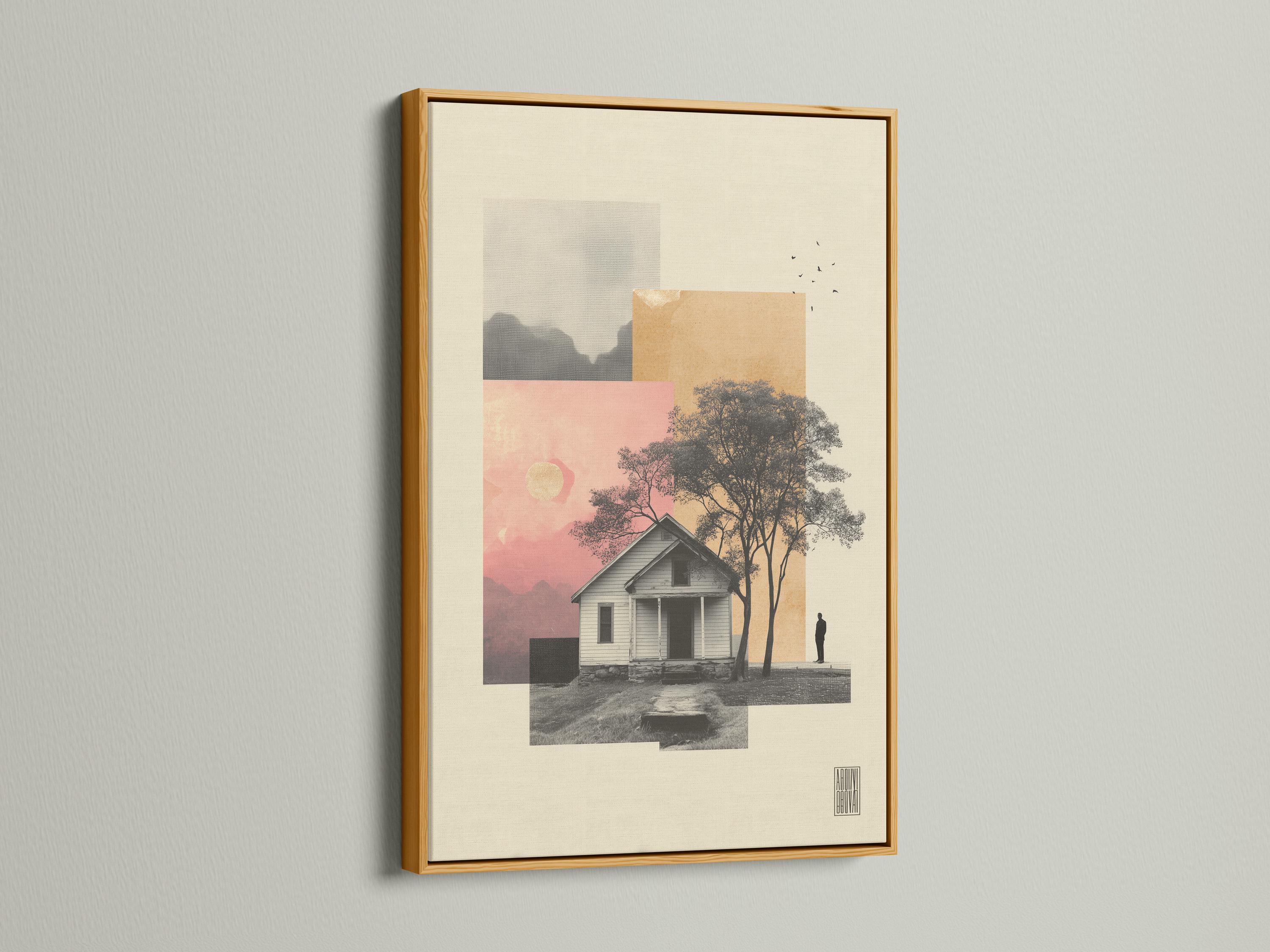 Portrait framed artwork mockup showing a small house and tree silhouettes on beige and pink layered background