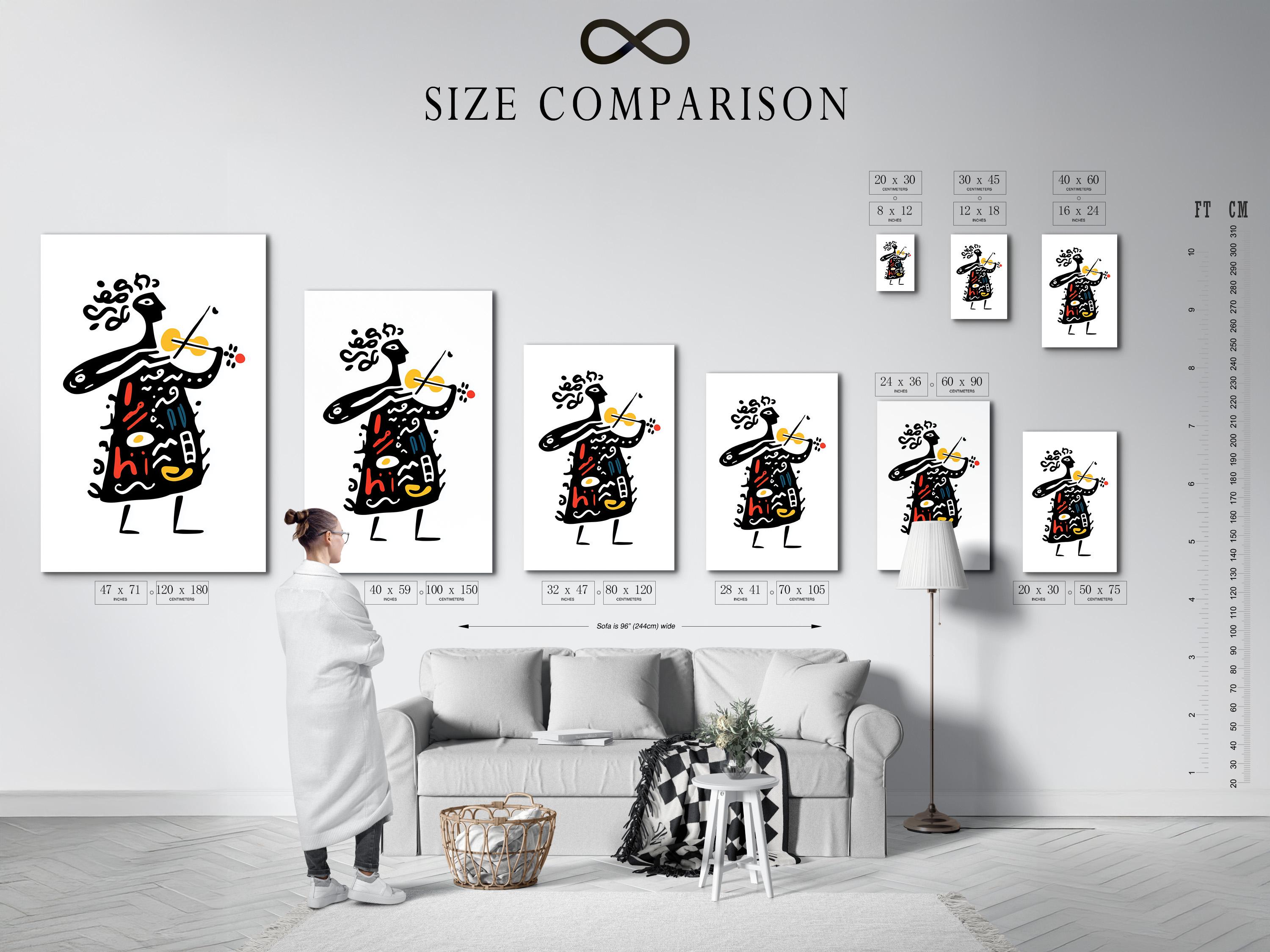 Room mockup showing a framed abstract musician illustration with trumpet, red and yellow accents on a white background
