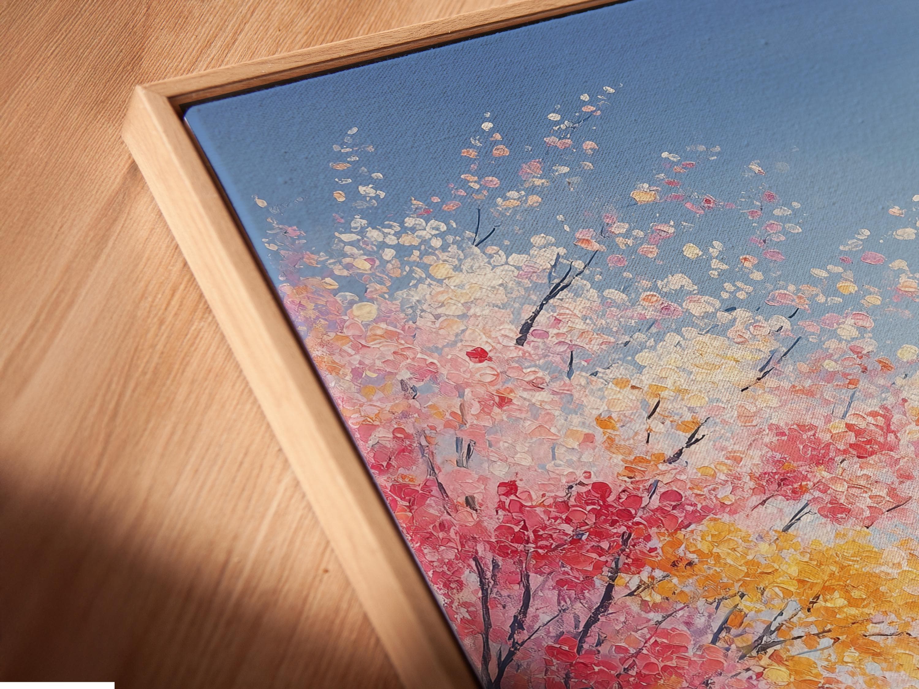 Room mockup showing a framed coastal seascape artwork with pink blossom petals and blue ocean
