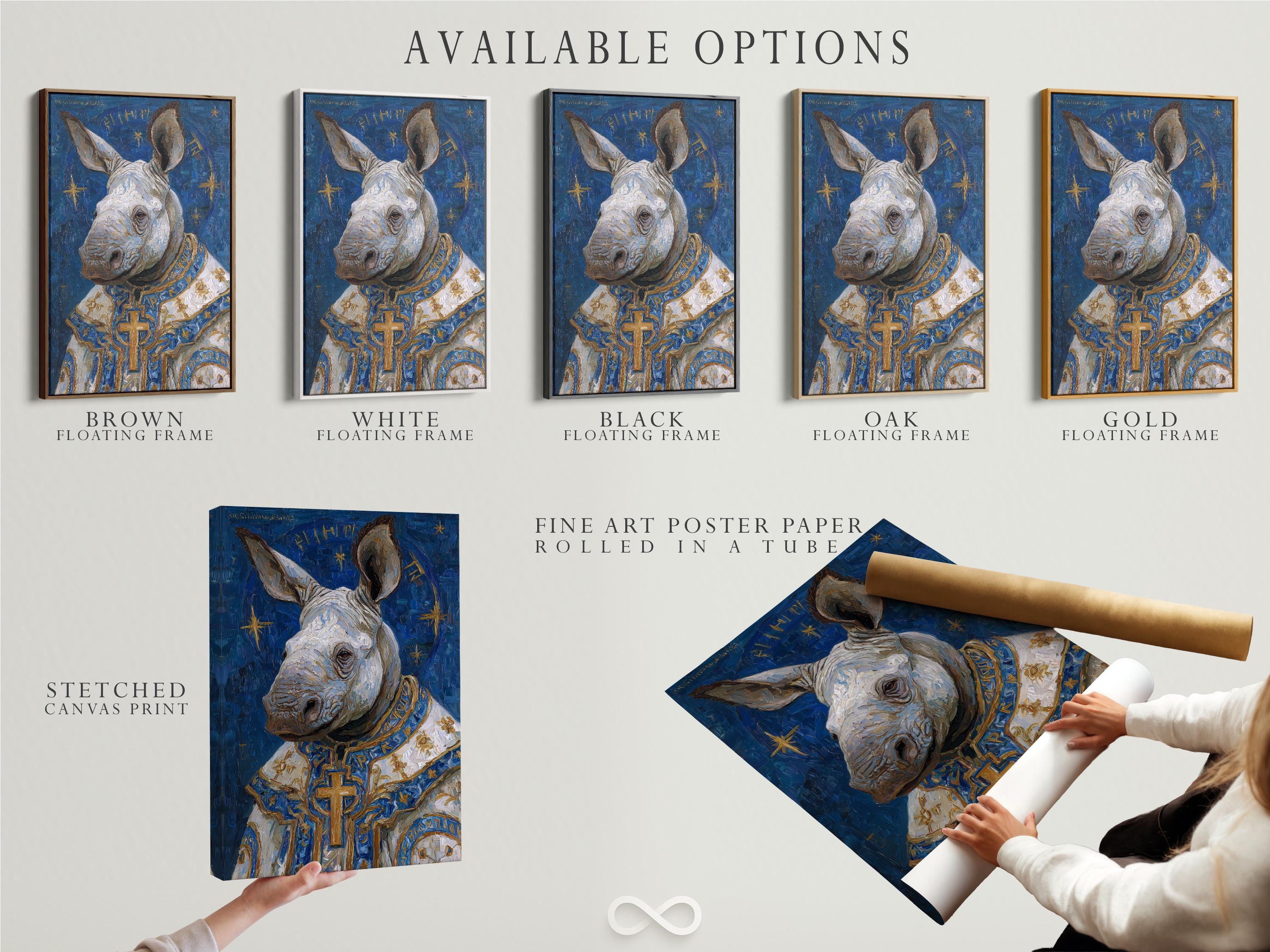Painted rhino portrait on a deep blue background with gold cross and star-like accents detail view