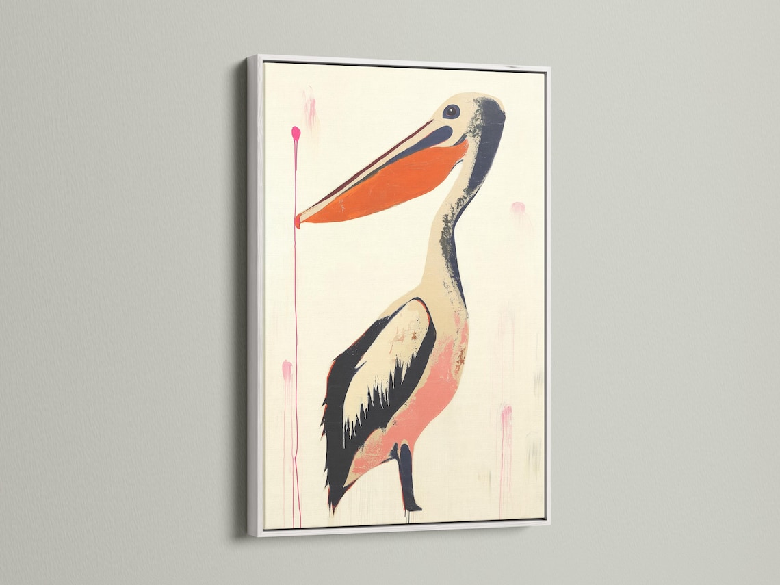 Stylised pelican with warm orange beak on a cream background and pink drips detail view
