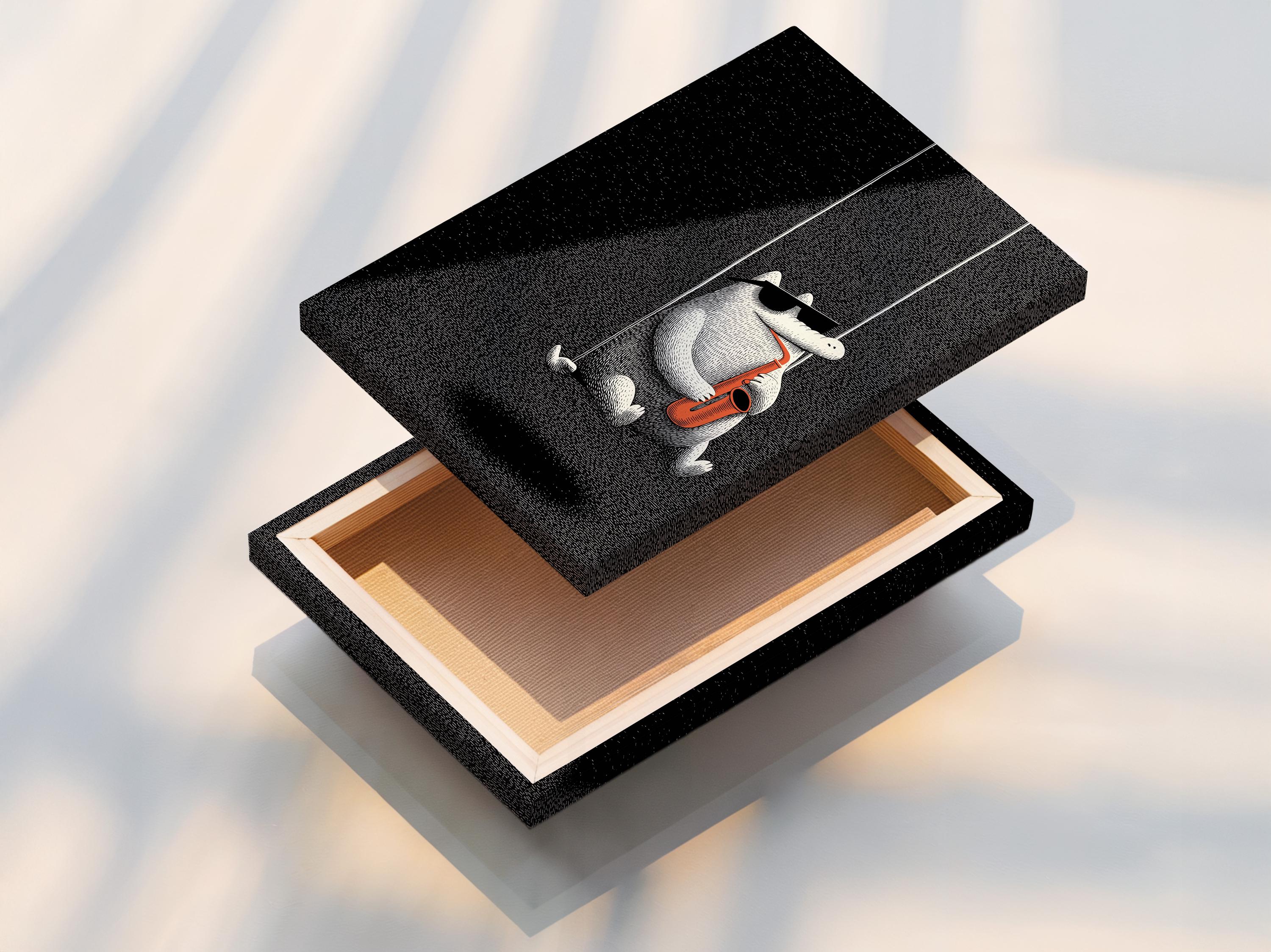 Black and white illustration of a cat holding and playing a saxophone with orange accents detail view