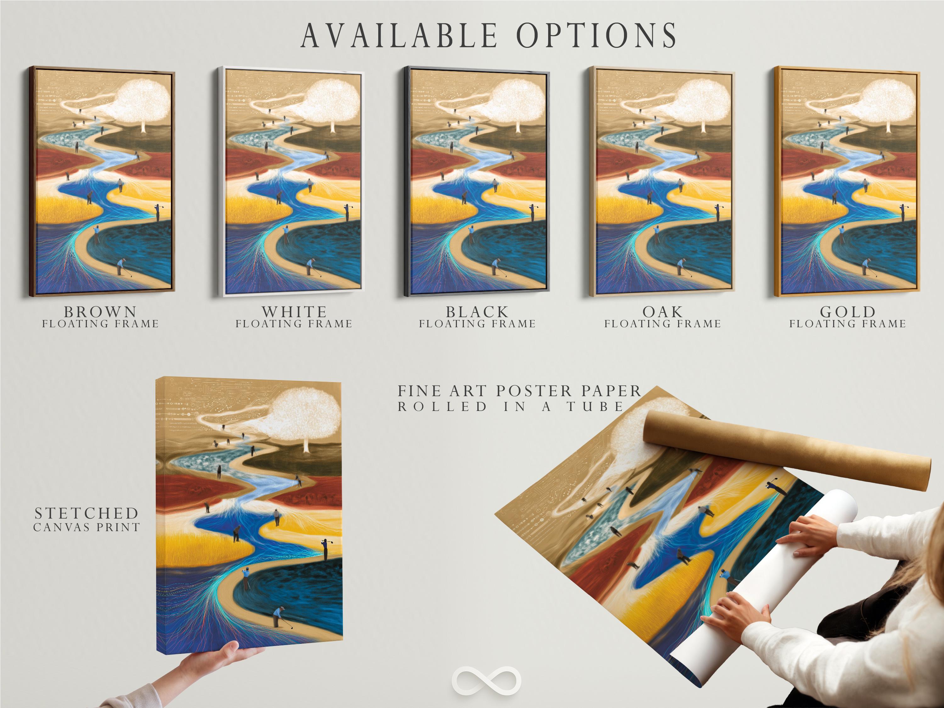 Abstract golf course scene with a bright sunburst, winding blue channel, and small golfers detail view