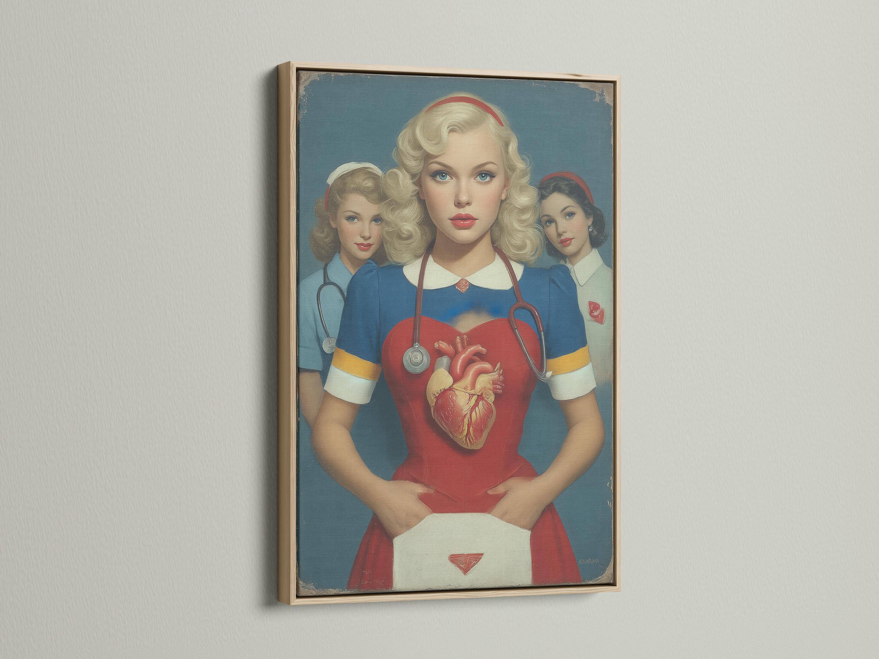 Vintage portrait of three nurses with a central anatomical heart and stethoscope detail view