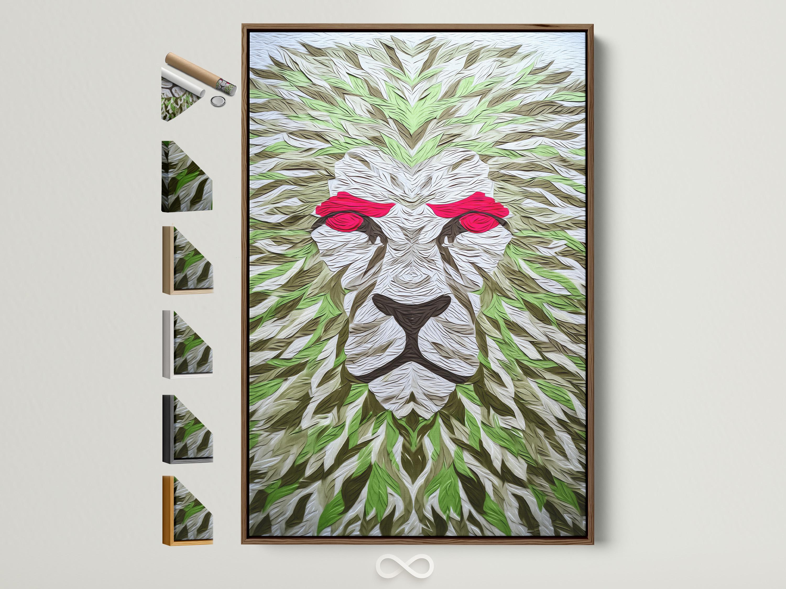 Room mockup showing a large lion artwork with green leaf pattern and red eyes above a bed