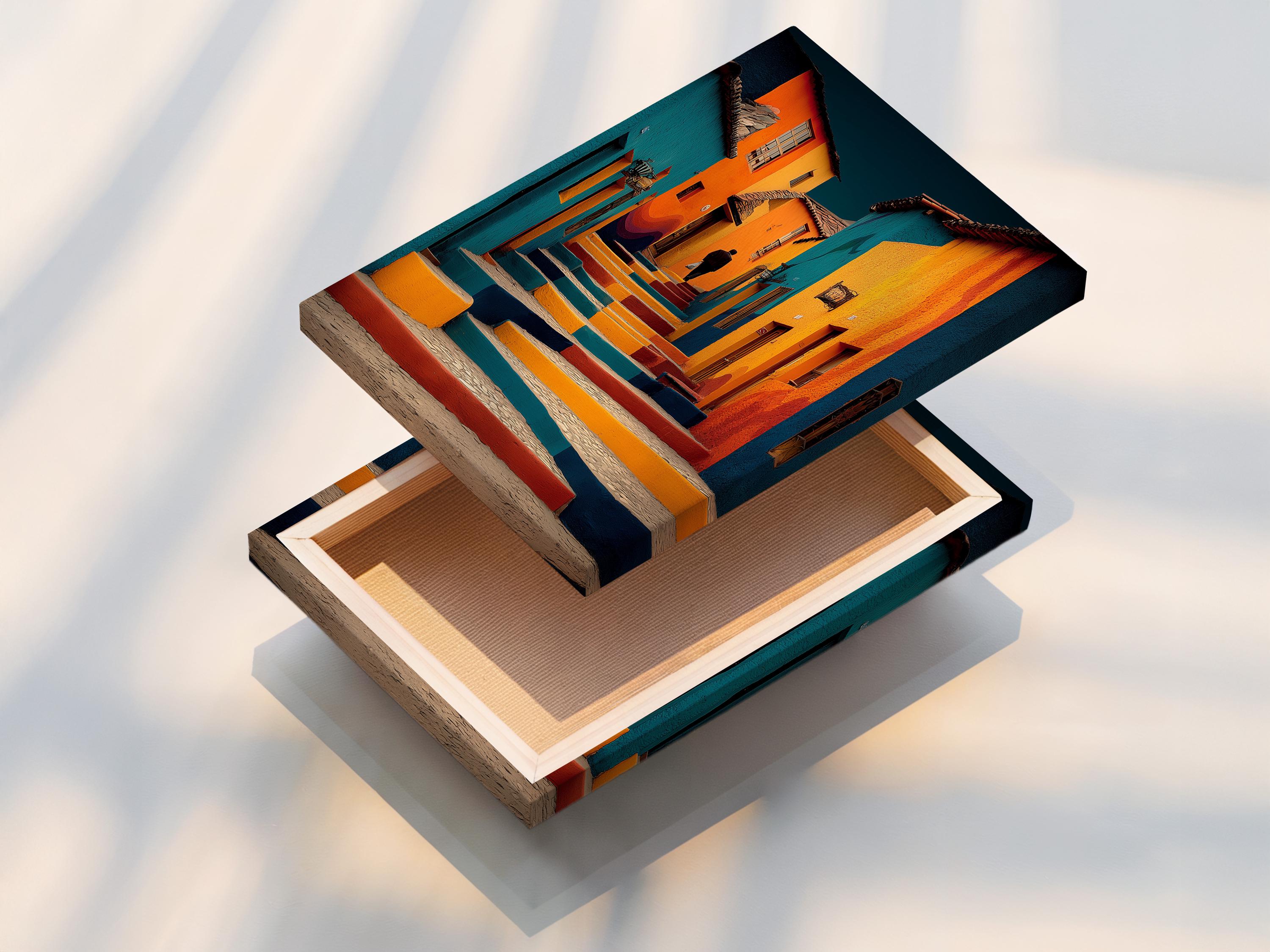 Colourful street steps artwork with teal, orange and deep blue buildings and a lone silhouette detail view