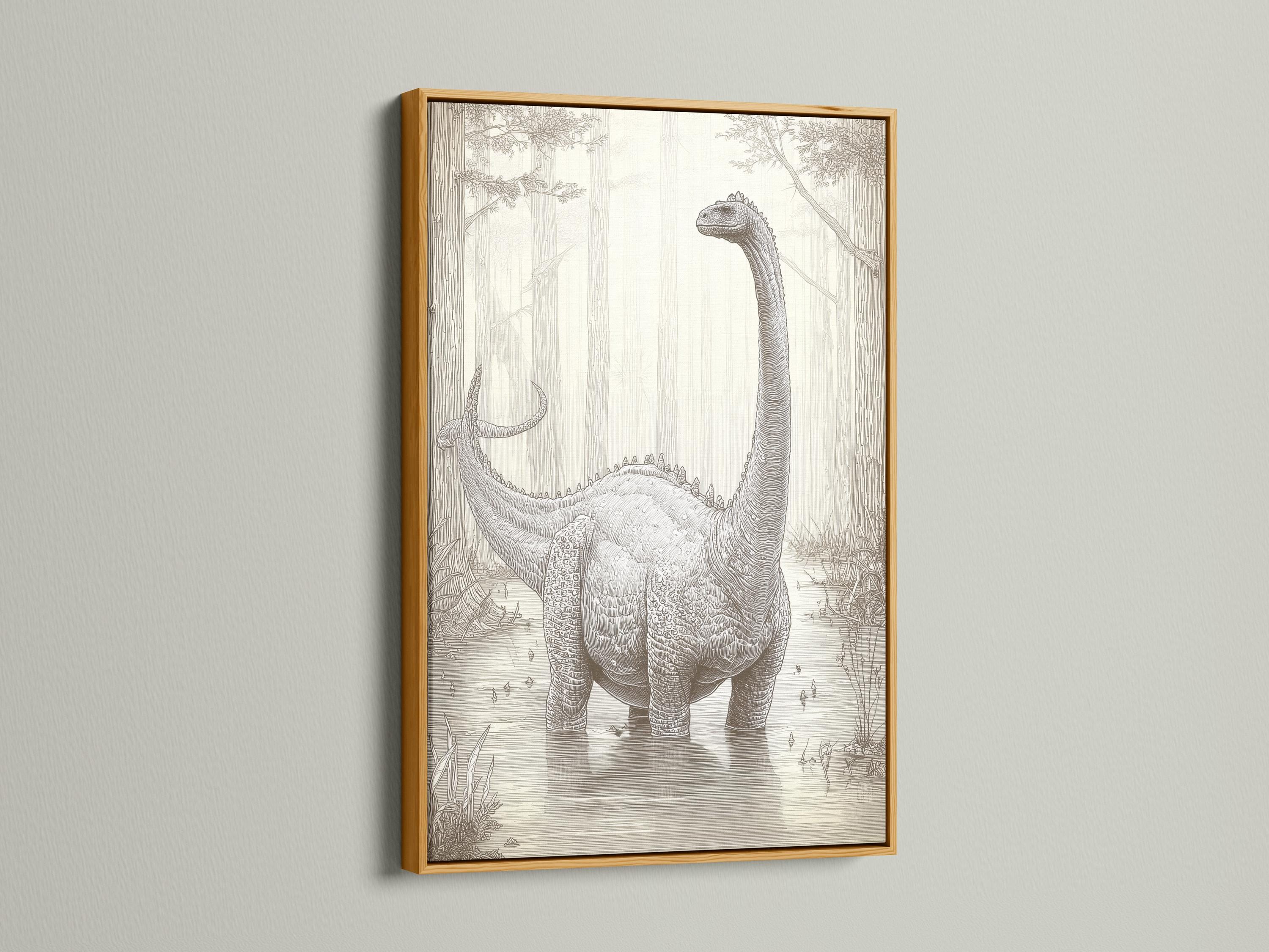 Neutral brontosaurus dinosaur sketch with a forest background in beige and charcoal grey linework detail view