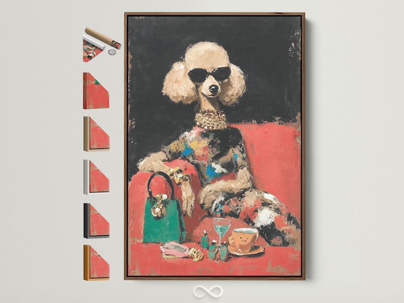 Stylised dog portrait with dark sunglasses, gold collar accents and coral and teal colour blocks