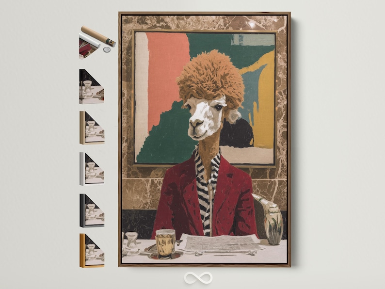 A stylised llama portrait in a red suit is posed indoors, with bold block colours behind and a faux café-table still life in the foreground