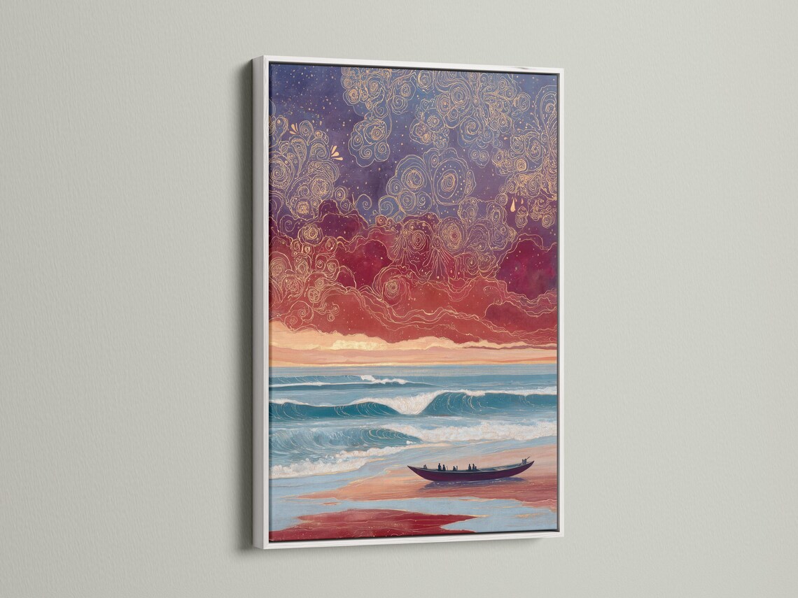 Stylised sunset seascape with teal waves, a sandy beach, a dark boat, and swirling gold rose linework in the purple sky detail view