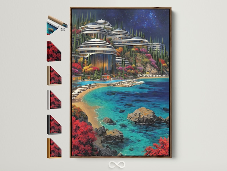 Turquoise ocean coastal cityscape with glowing futuristic towers, colourful gardens and starry night sky