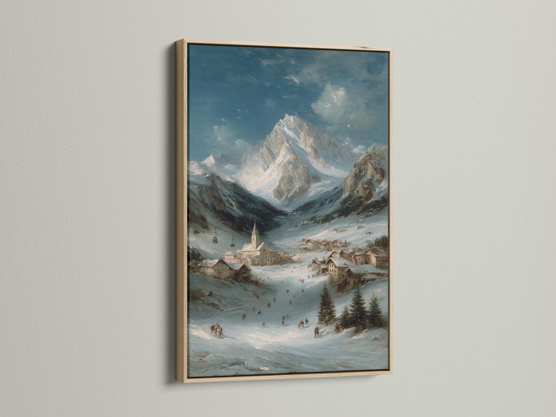 Snowy mountain valley painting with a village, church tower, skiers, evergreens and distant peaks detail view
