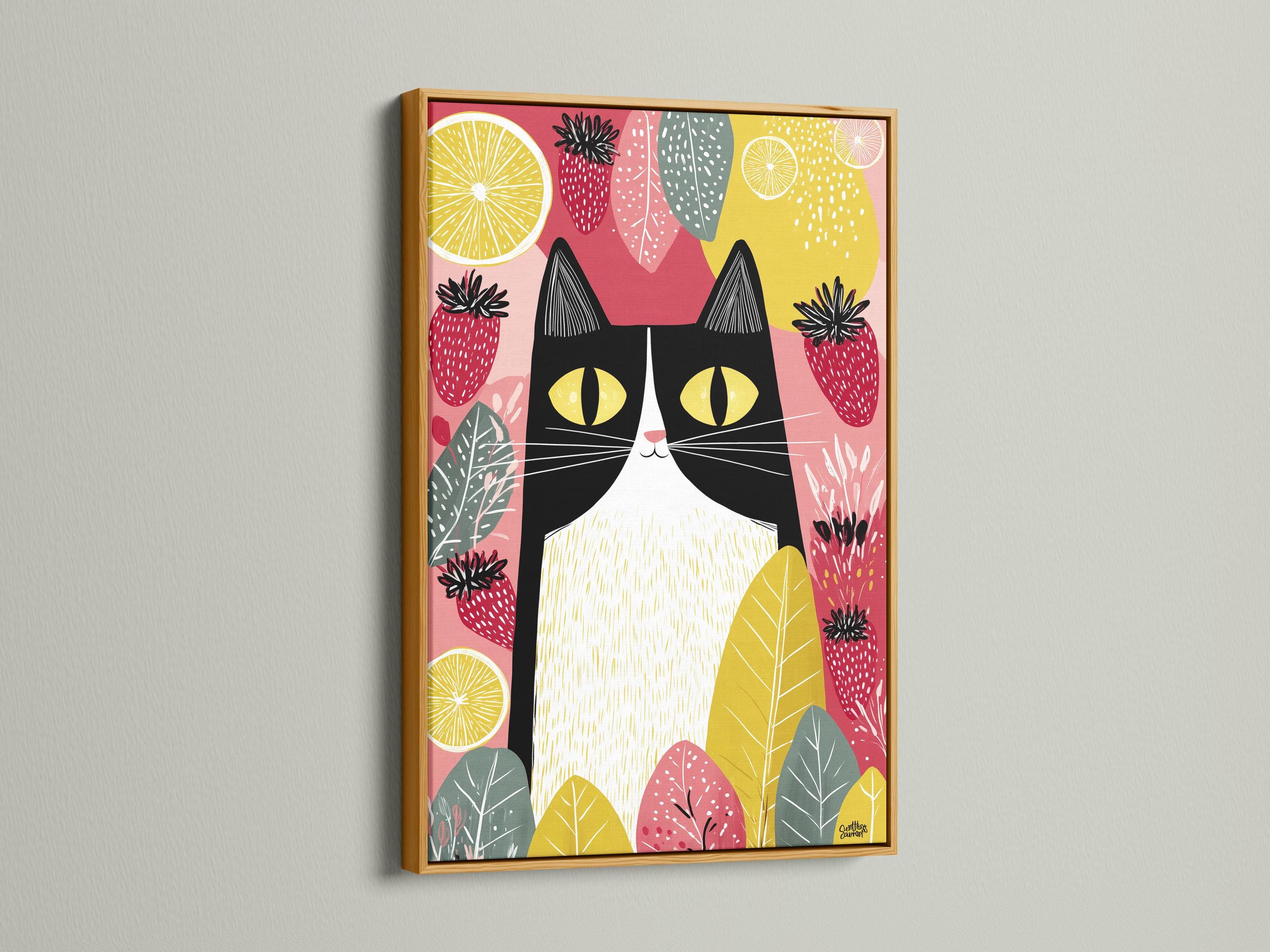 Illustrated black cat with yellow eyes surrounded by strawberries, citrus slices and leaves detail view