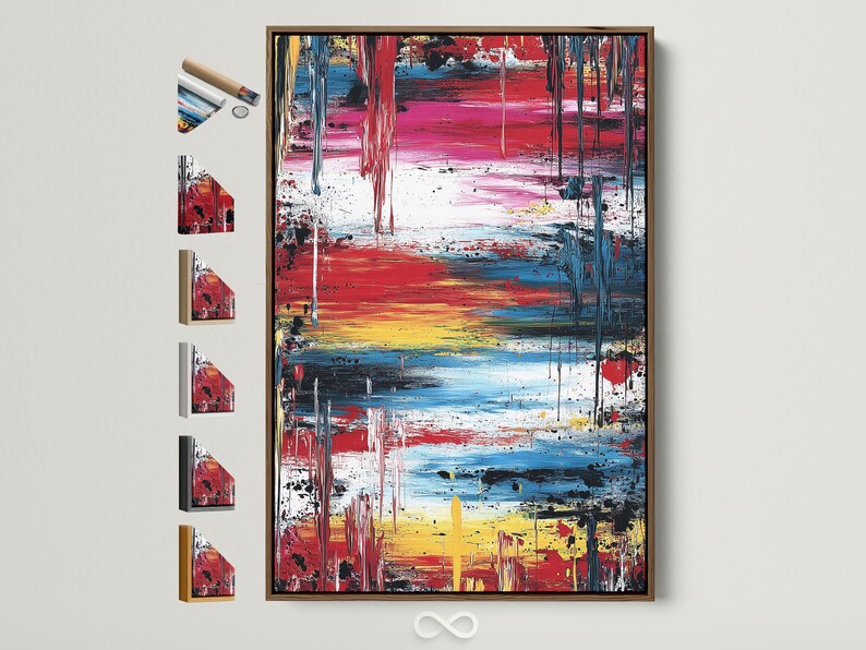 Abstract expressionist painting with red, blue, yellow, white and dark drips