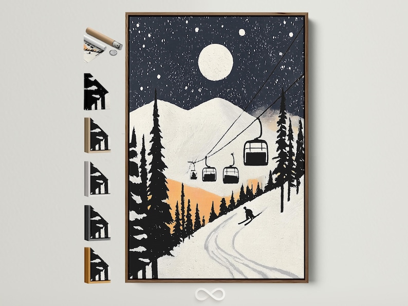 Moonlit snowy ski-lodge scene with dark pines, falling snow, chairlift cabins and a winding ski track