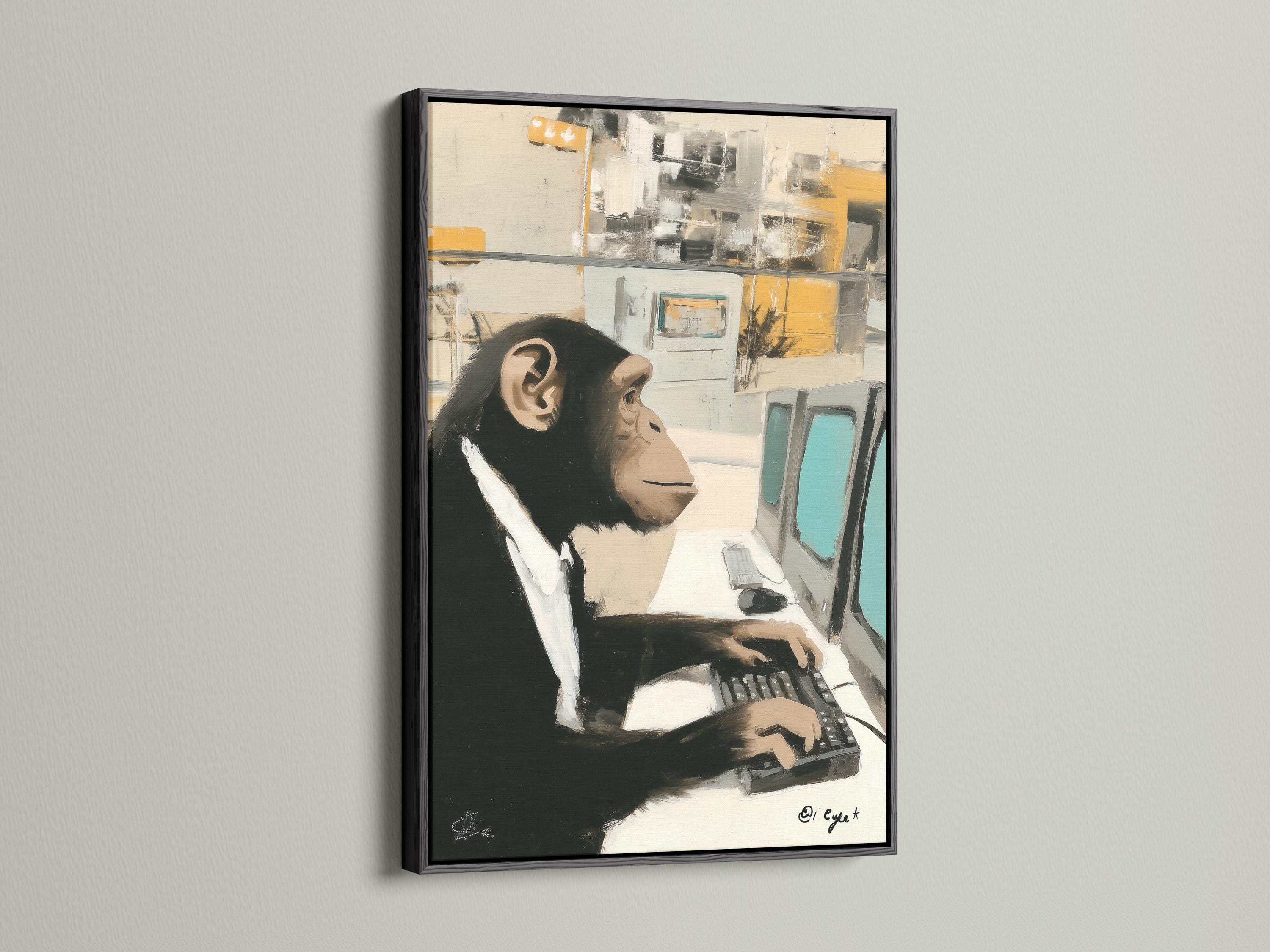 Painterly chimp in a white shirt typing at a desk with an abstract office background detail view