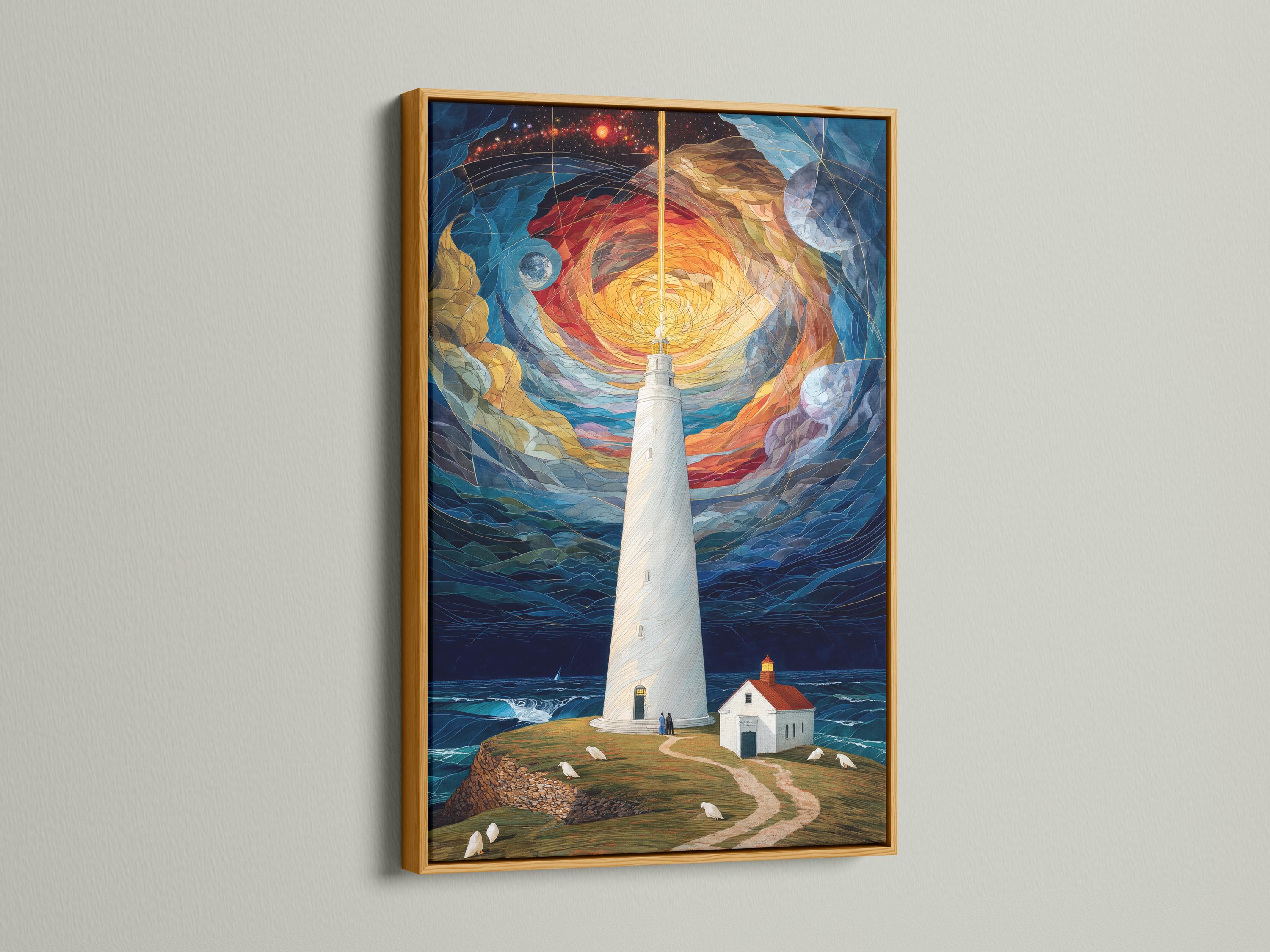 Lighthouse on a coastal shore under a swirling starry sky with glowing warm light detail view