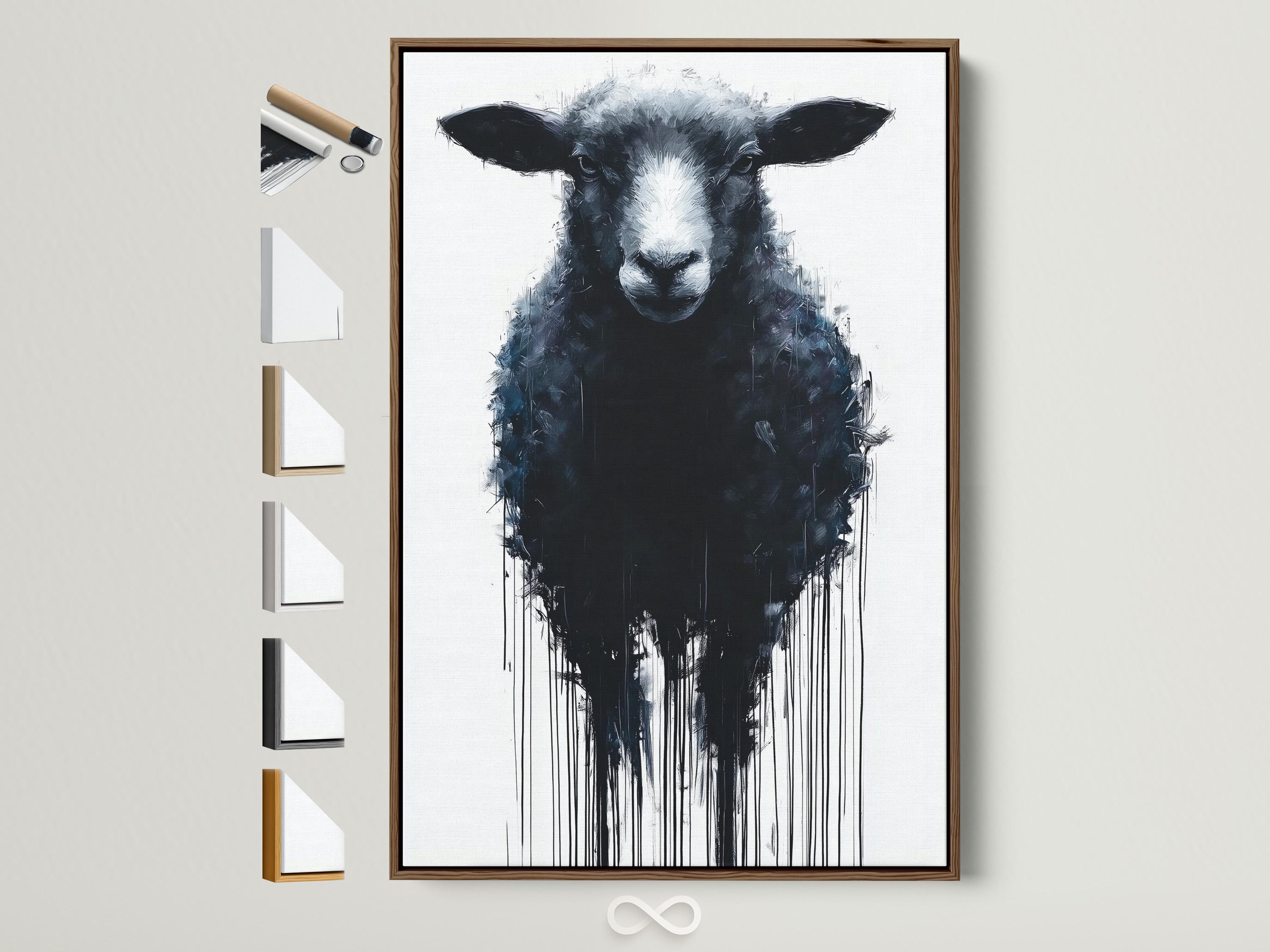 Sheep portrait artwork displayed in a bright industrial-style room