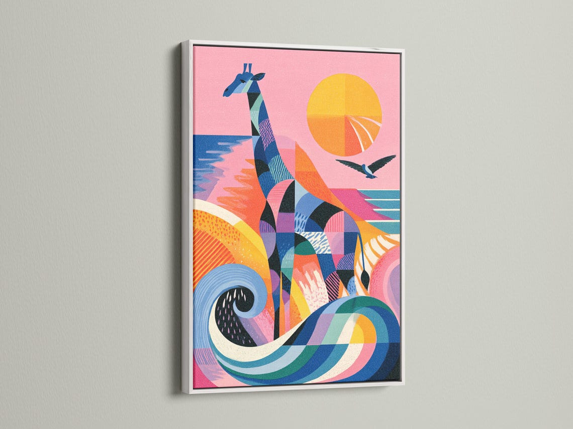 Colourful geometric giraffe artwork with birds in flight and a sun-like circle on a pink background detail view