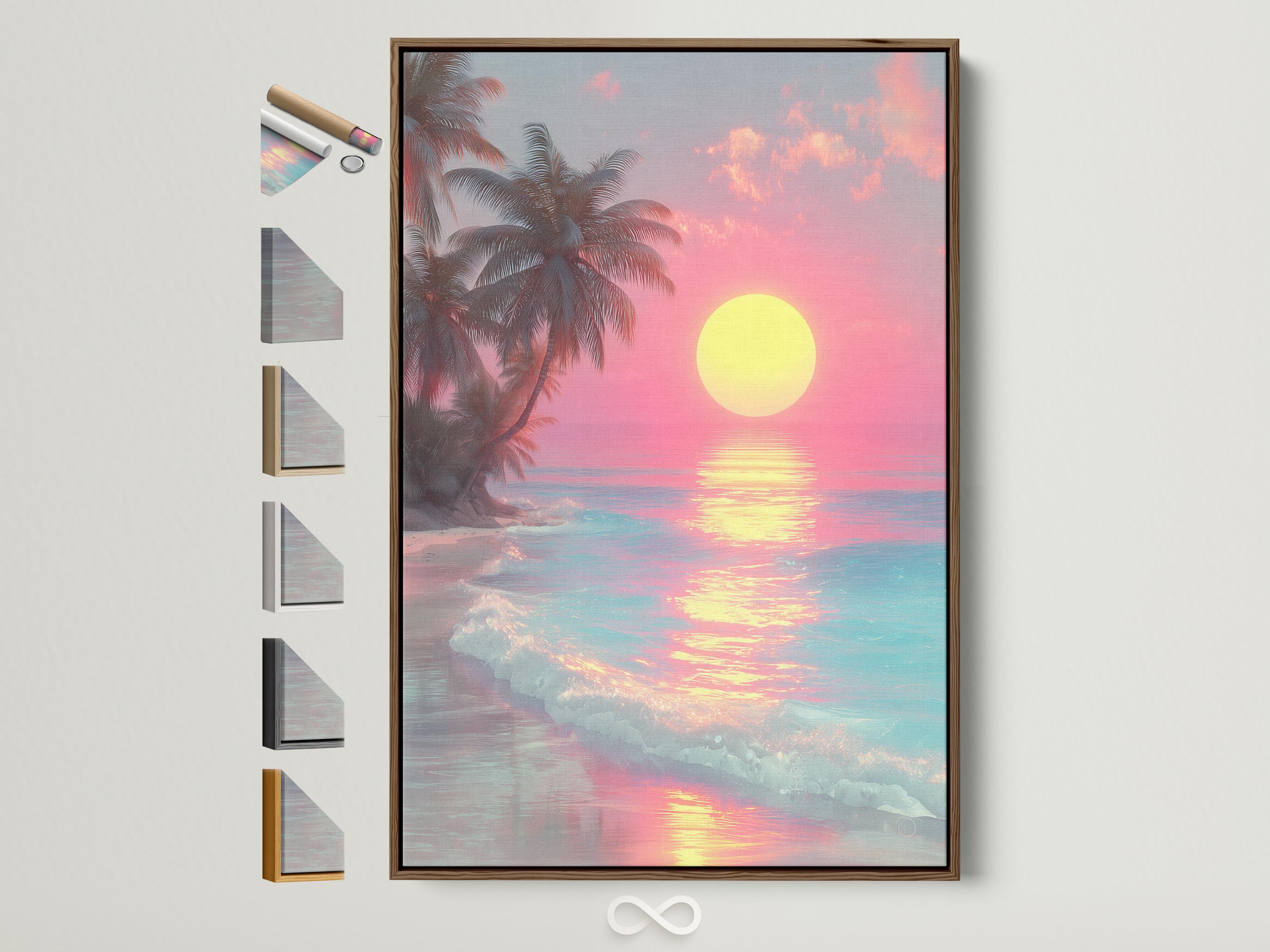 A framed tropical seascape shows a bright yellow sun over pink and turquoise water, with palm silhouettes and glowing reflections detail view