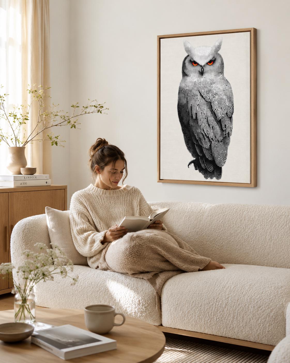 Dotted owl artwork in black and white with bright red-orange eyes detail view