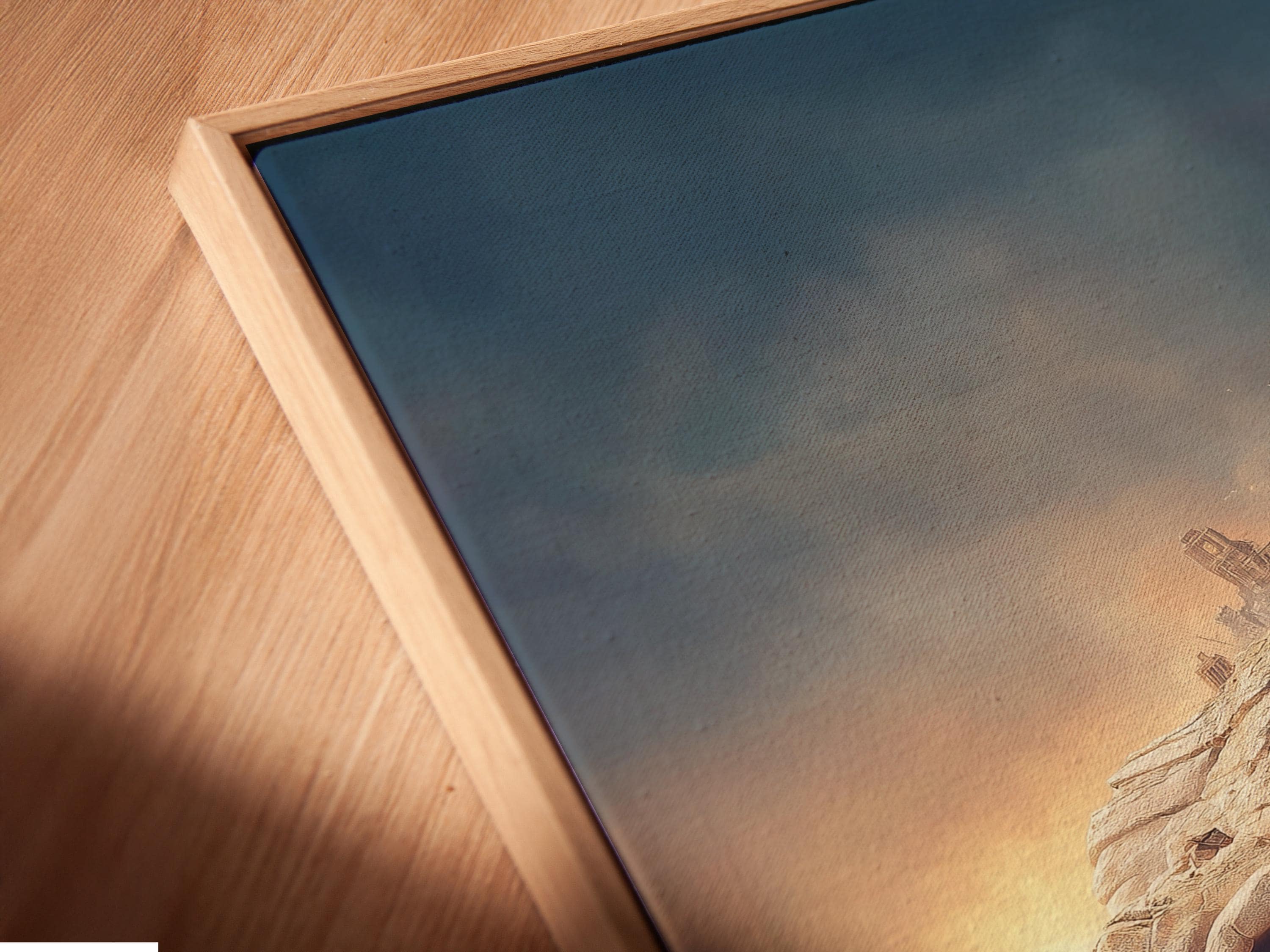 Room mockup showing framed fantasy dragon desert artwork