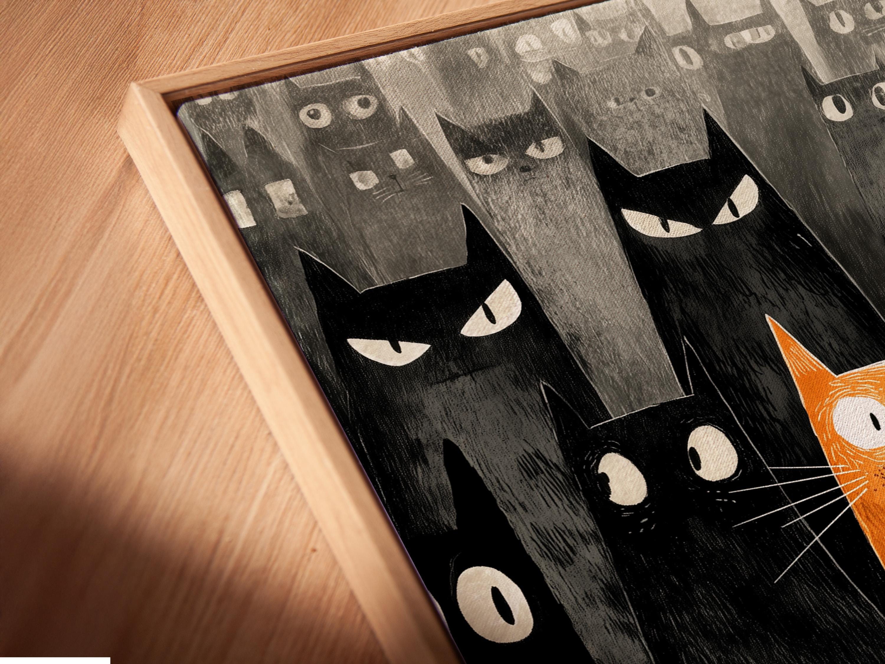 Orange cat and multiple black and grey cats in a textured illustration style detail view