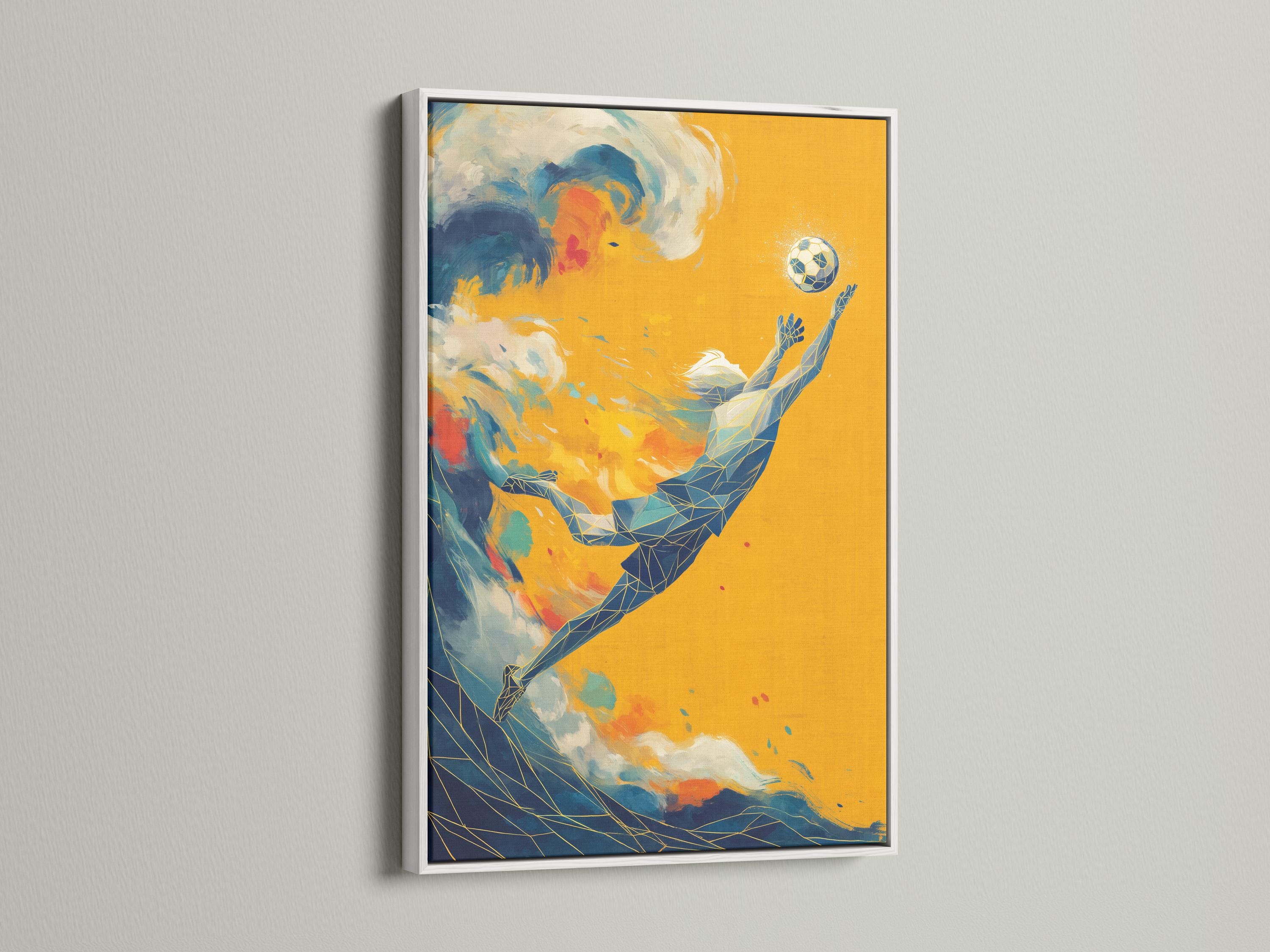 Geometric soccer player wall artwork shown in a framed mockup on a light wall