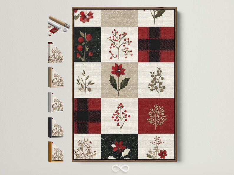Patchwork floral artwork with red flowers and berries on cream, beige, and dark blocks