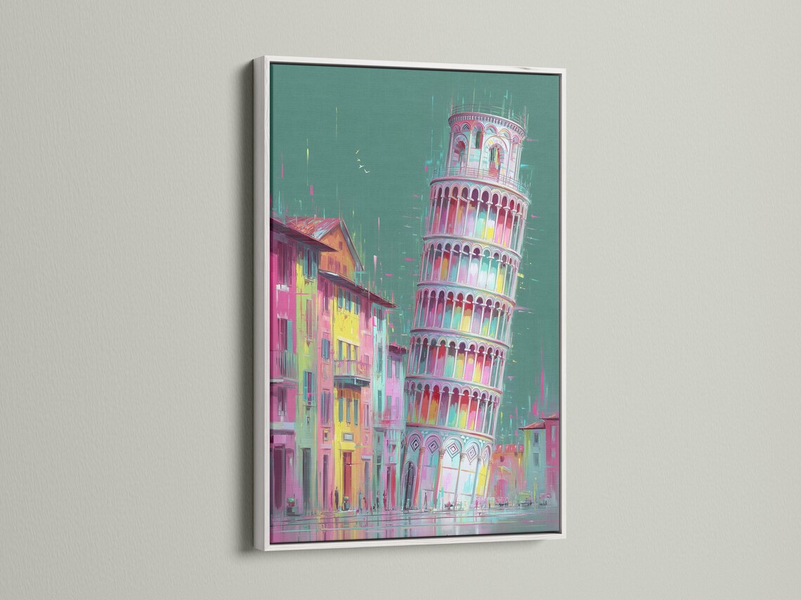 Stylised tall tower and city street in teal, pink, yellow and cyan detail view