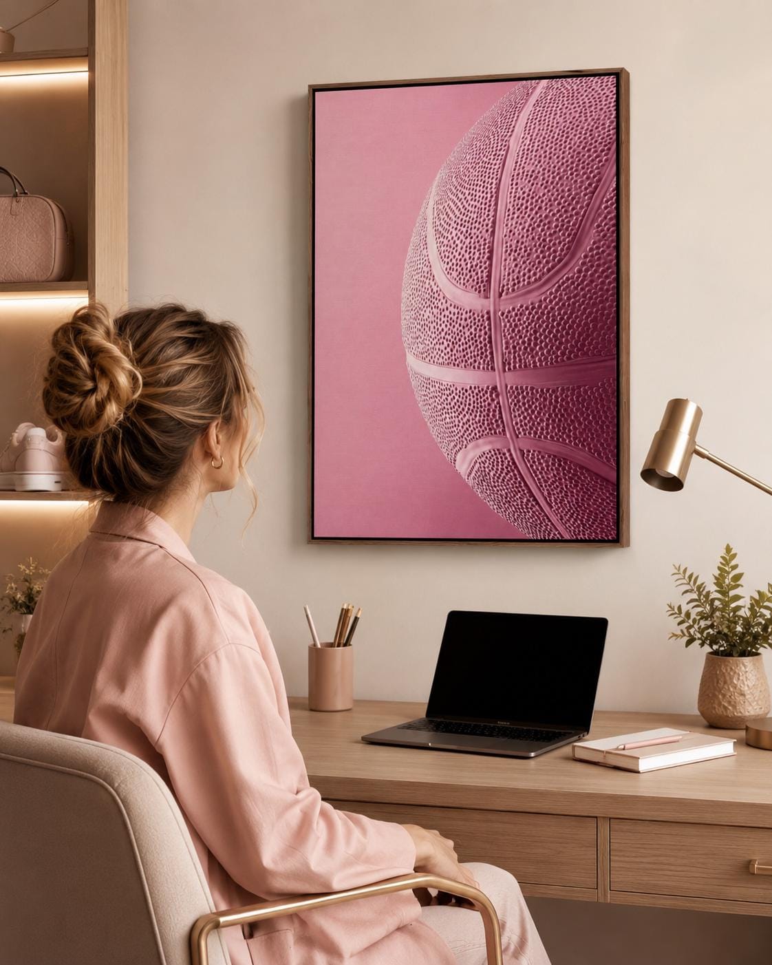Woman sitting on a sofa beside a framed bubblegum pink basketball artwork