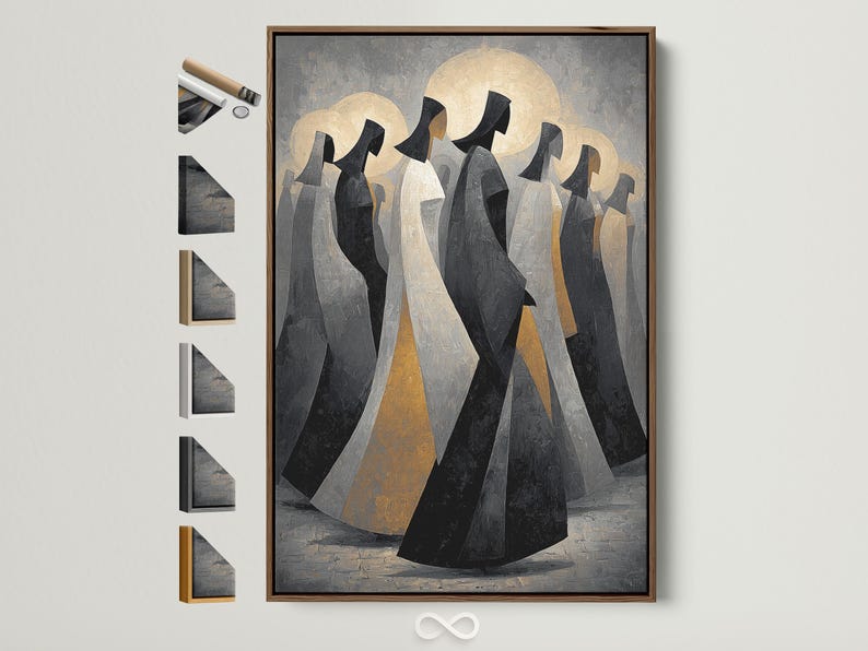 Abstract painting of hooded figures with pale gold moon discs on a textured grey background