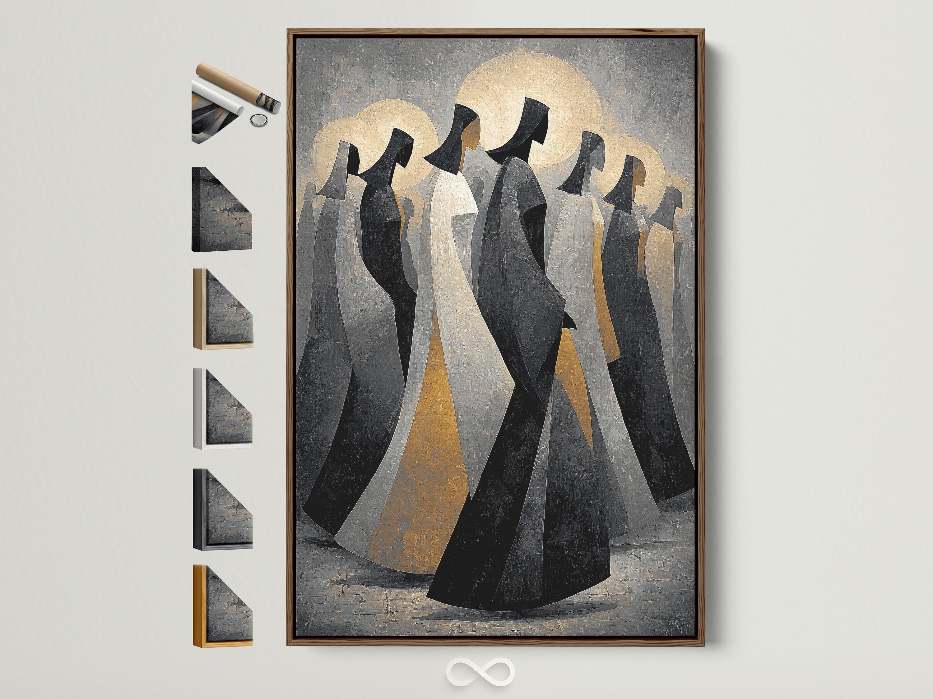 Abstract painting of hooded figures with pale gold moon discs on a textured grey background