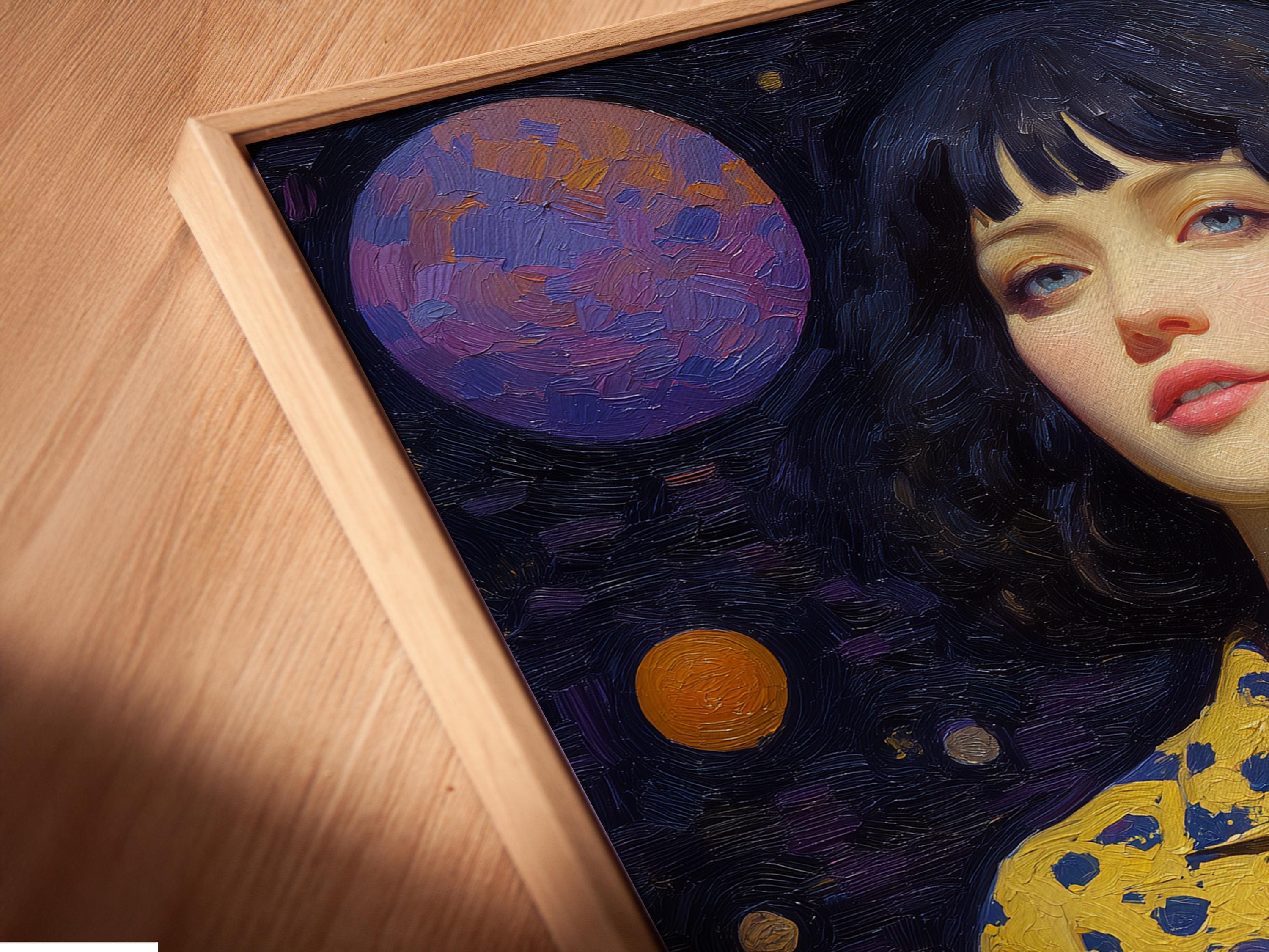 Stylised woman portrait in a dark starry galaxy with planets and a mustard-yellow patterned dress detail view