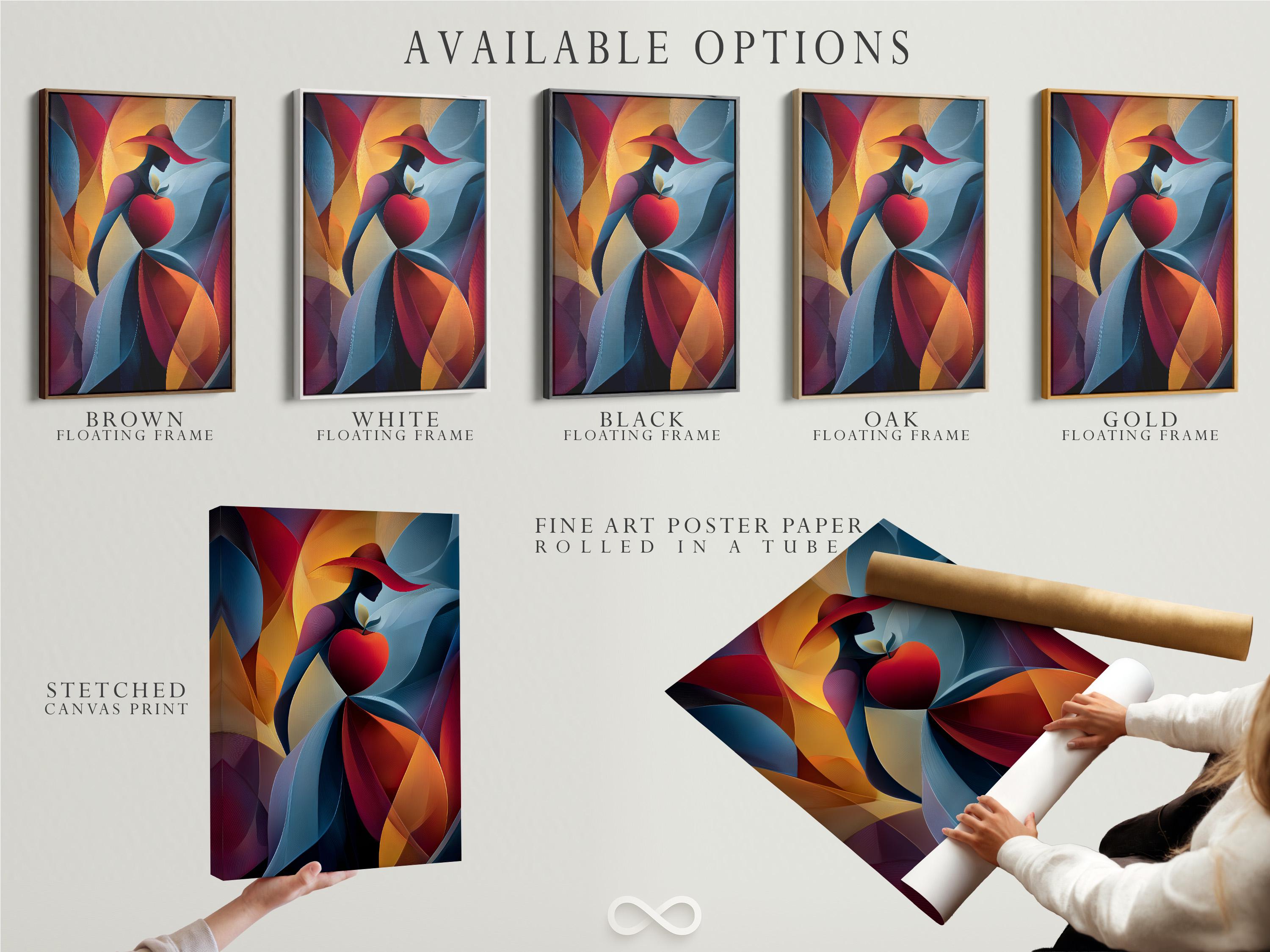 Abstract woman silhouette with a red heart, ribbon-like curves, and blue, red, gold colours detail view
