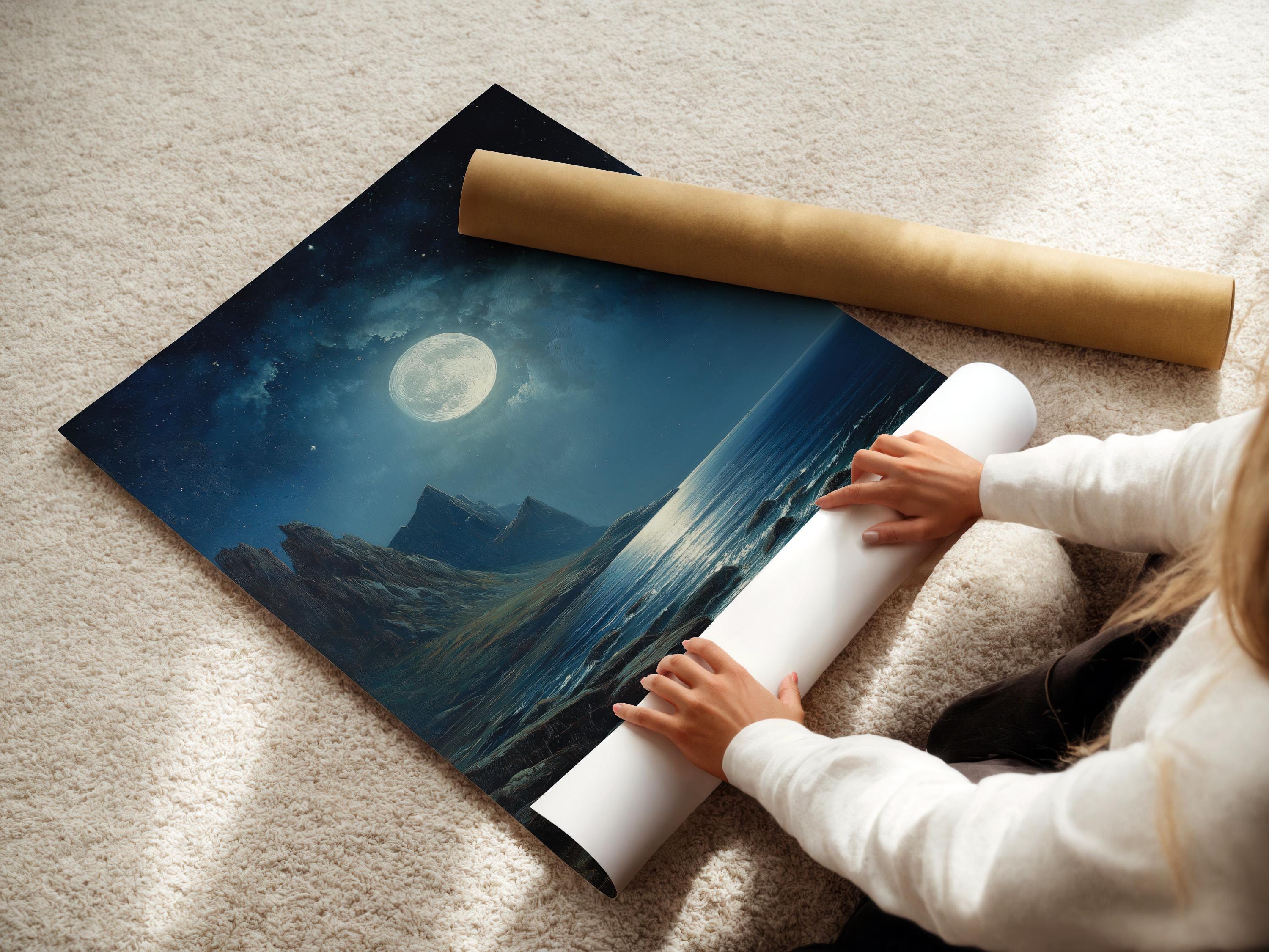Moonlit ocean seascape with dark cliffs, starry night sky and glowing full moon detail view