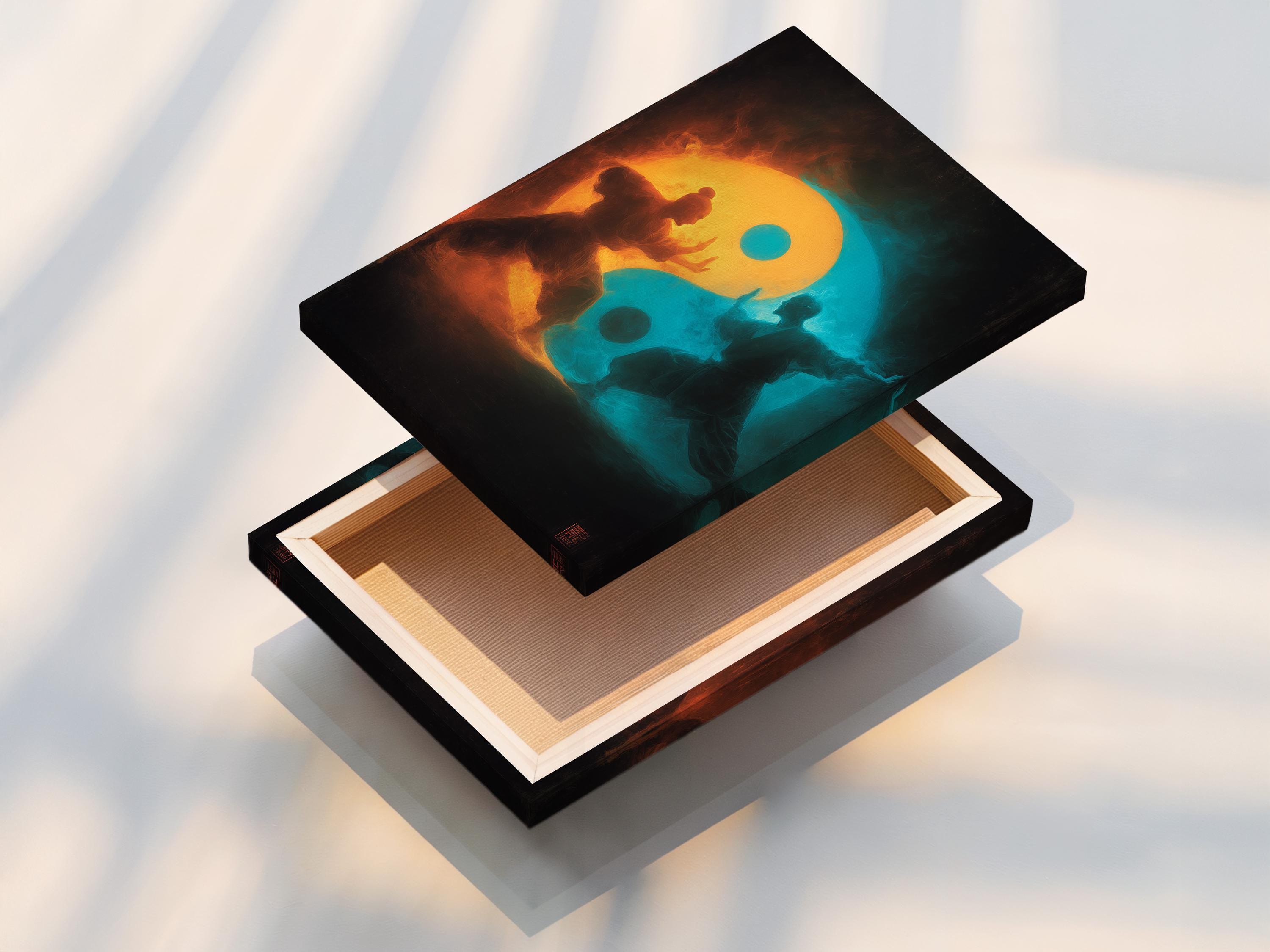 A dark painterly martial-arts figure stands in silhouette within a glowing yin-yang inspired split of orange and teal mist detail view