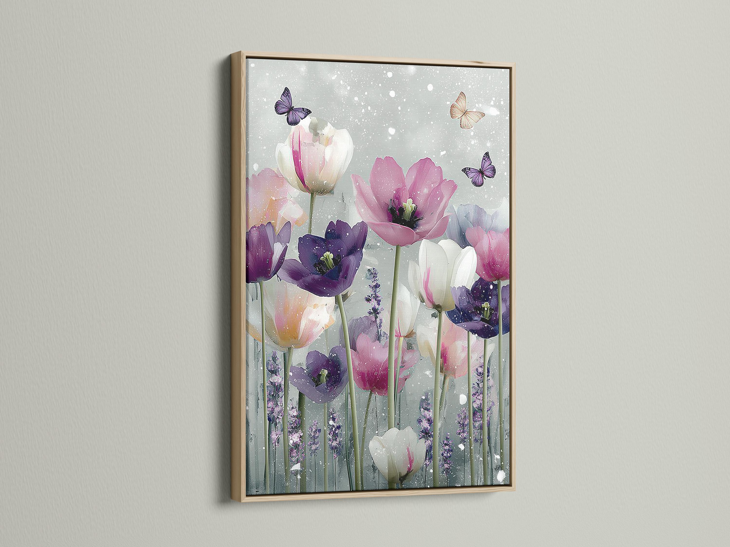 Tulip bouquet with butterflies in blush pink and purple on a pale speckled background detail view