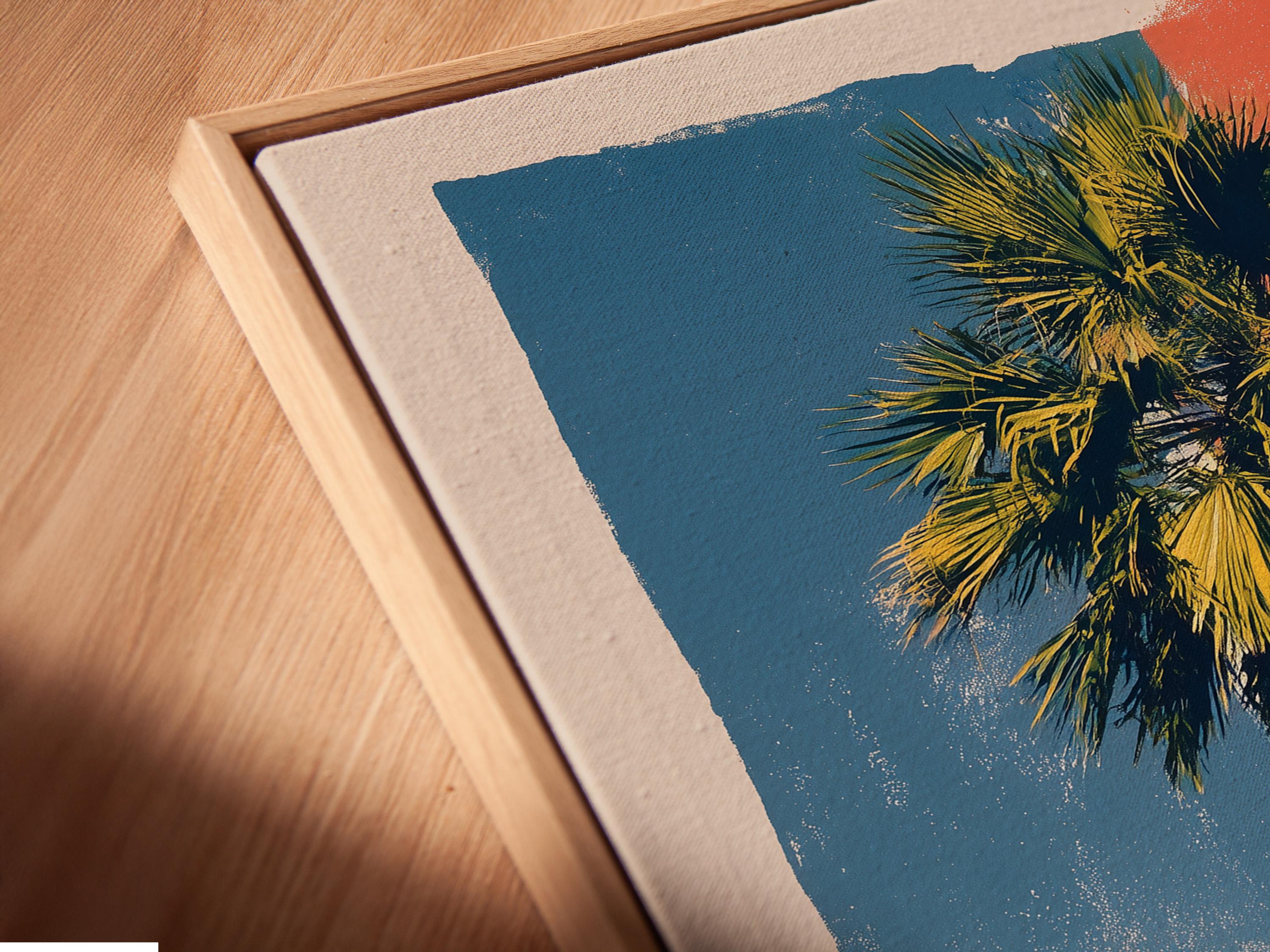 Room mockup showing palm tree pop-art wall artwork with a frame