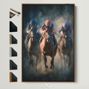 Arte en lienzo de carreras de caballos: pintura ecuestre, obra de arte de caballos de carreras, regalo para aficionados al deporte, decoración de pared para la cueva del hombre