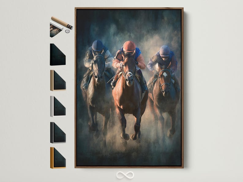 Painterly horse racing scene with jockeys in helmets riding galloping horses