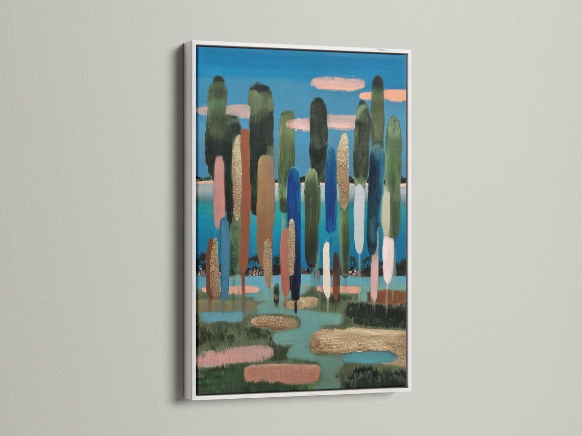 Abstract landscape with blue sky, tall green vertical shapes, and gold-toned reflections in water detail view