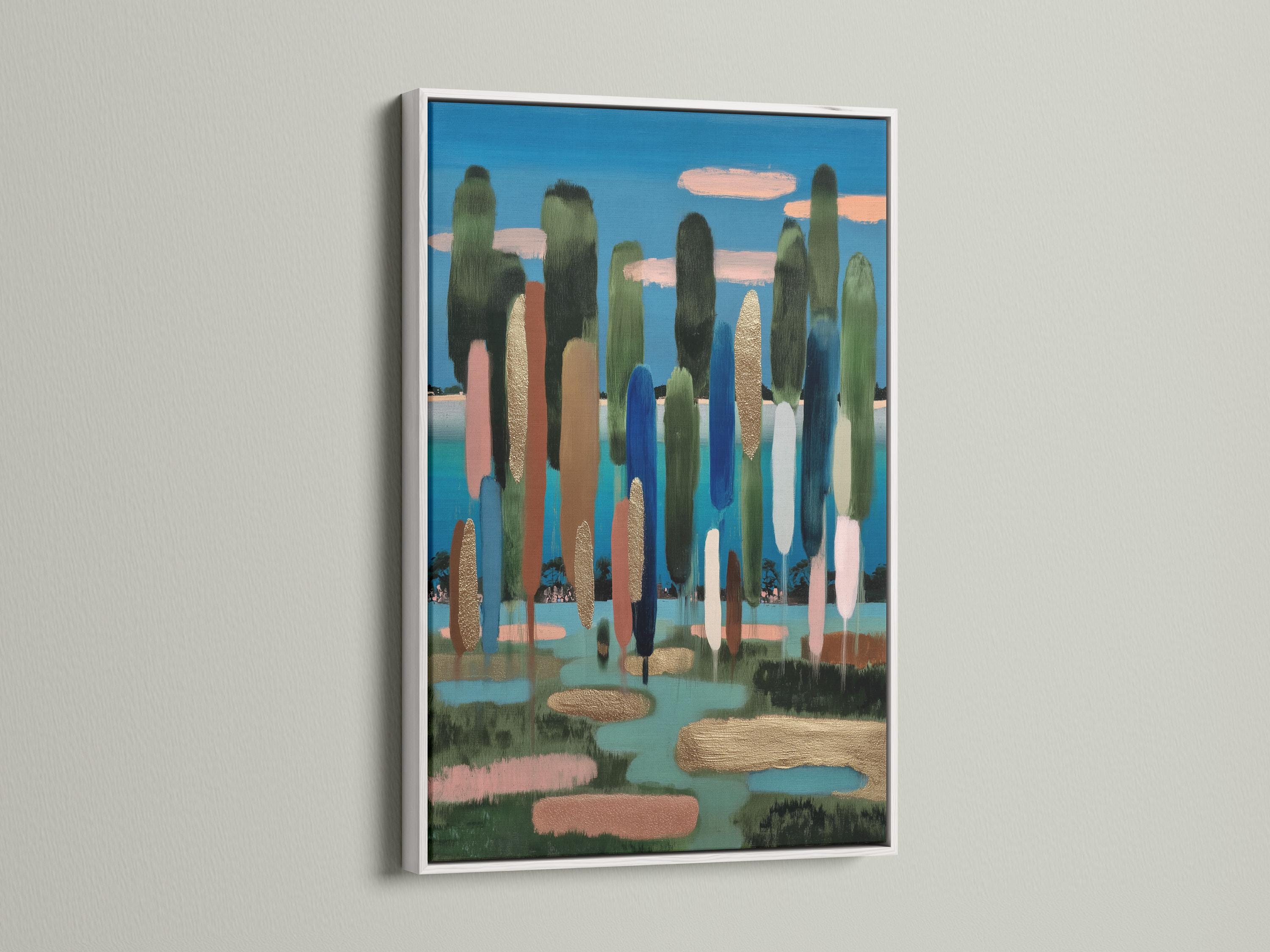 Abstract landscape with blue sky, tall green vertical shapes, and gold-toned reflections in water detail view