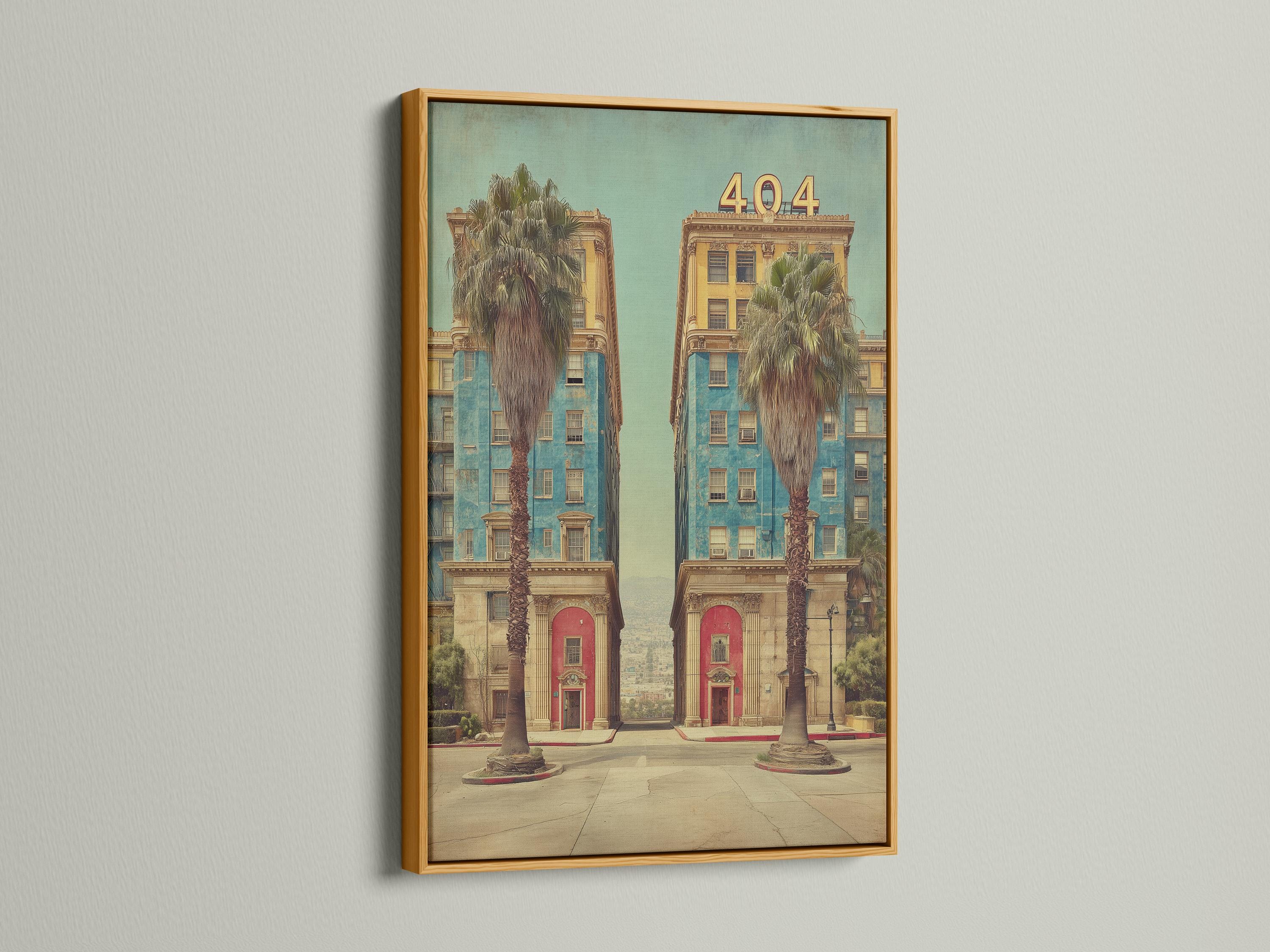 Retro hotel architecture scene with palm trees and large “404” numbers detail view