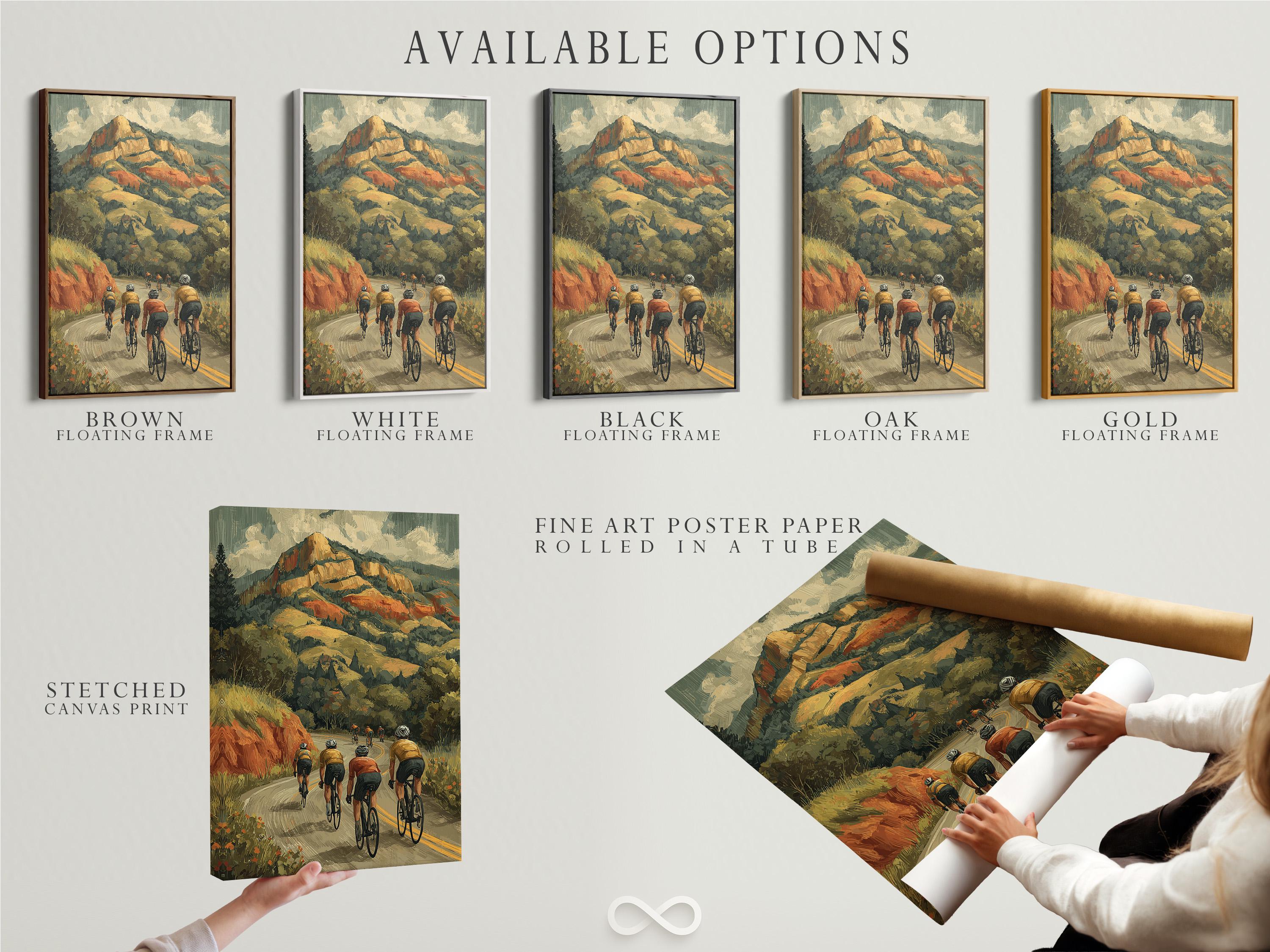 Retro mountain cycling scene with several cyclists riding on a winding road through forested hills detail view