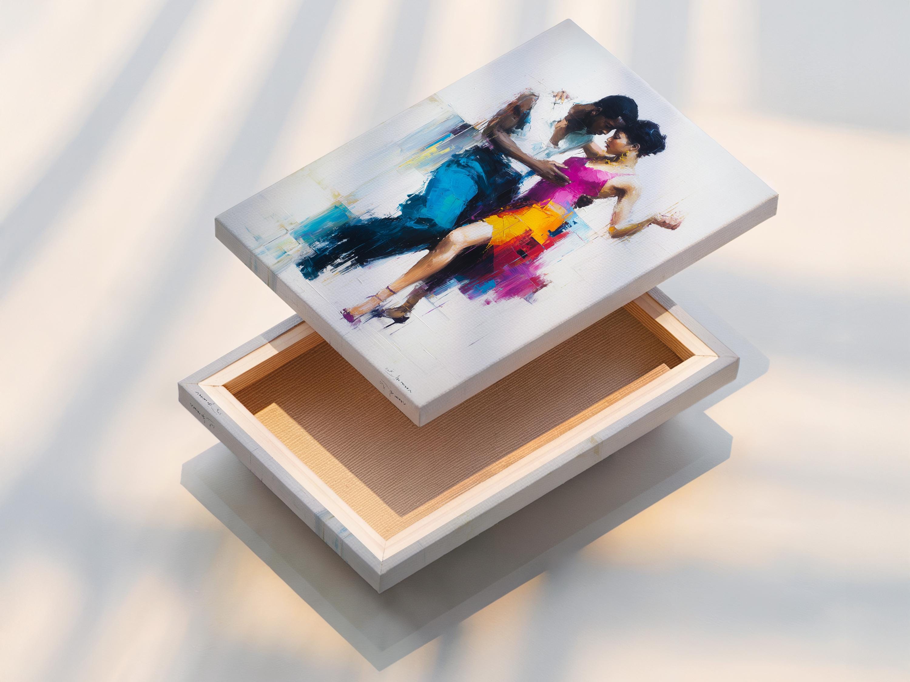 Abstract painterly dancing couple in hot pink and blue tones on a light background detail view