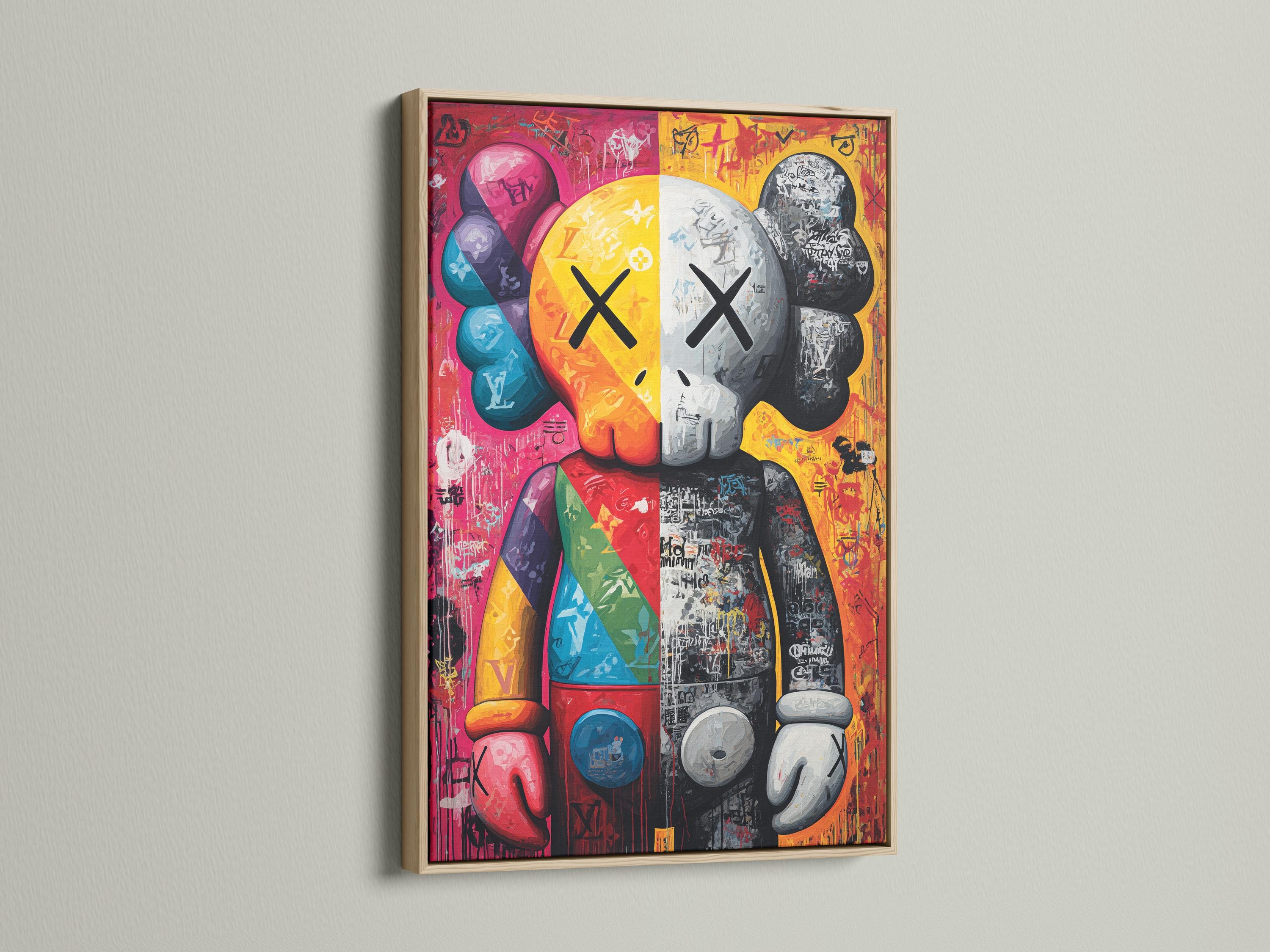 Vibrant graffiti pop art portrait with hot pink, yellow, blue and black-and-white sections detail view