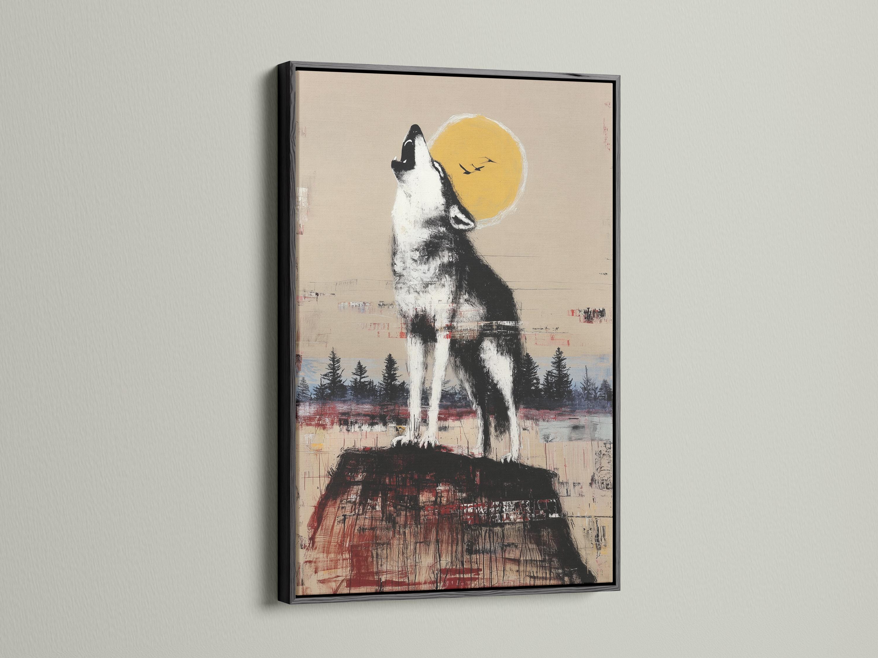Black and white howling wolf beneath a warm yellow moon with a forest landscape detail view