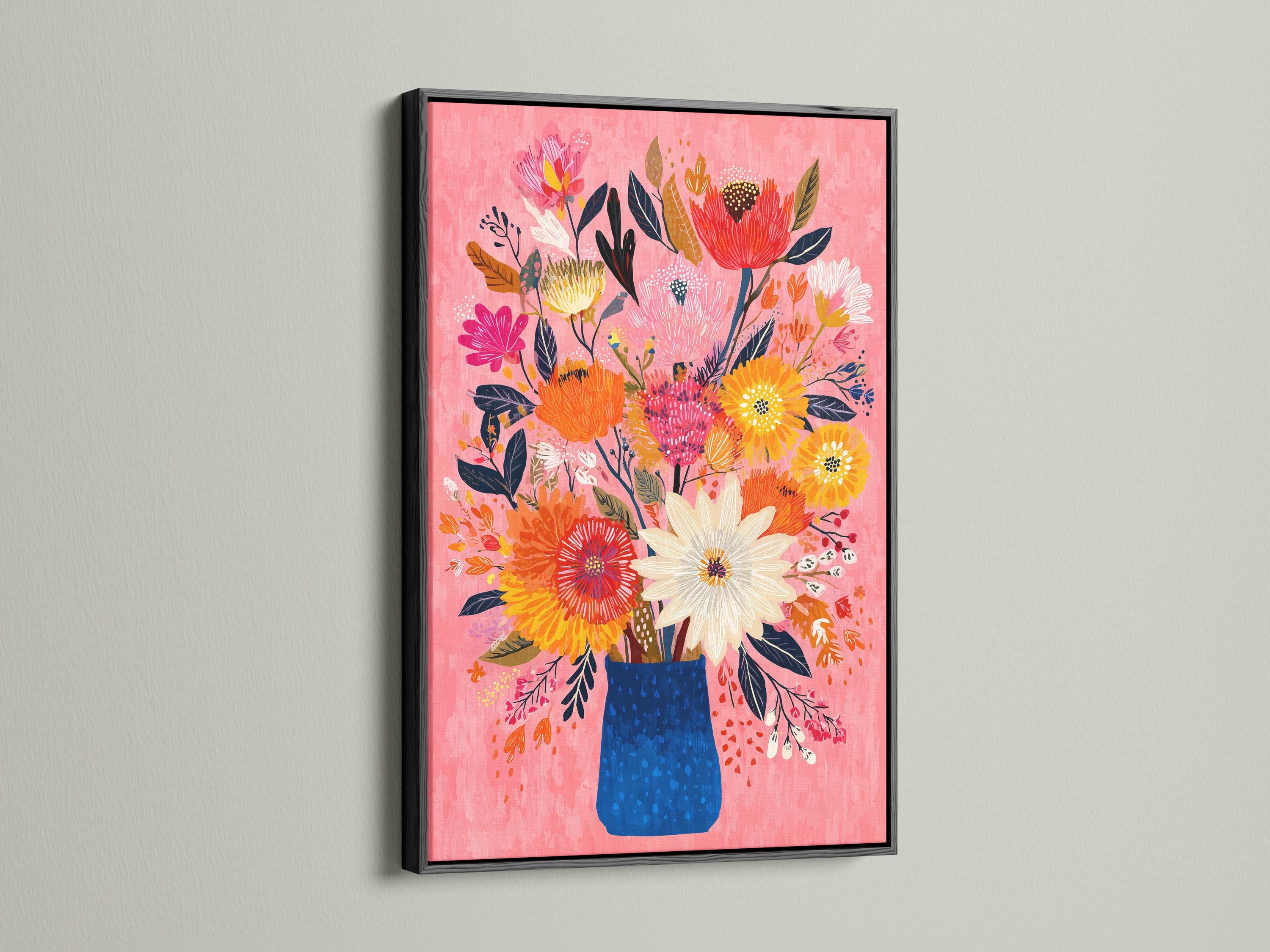 Room mockup showing a framed floral bouquet artwork on a wall