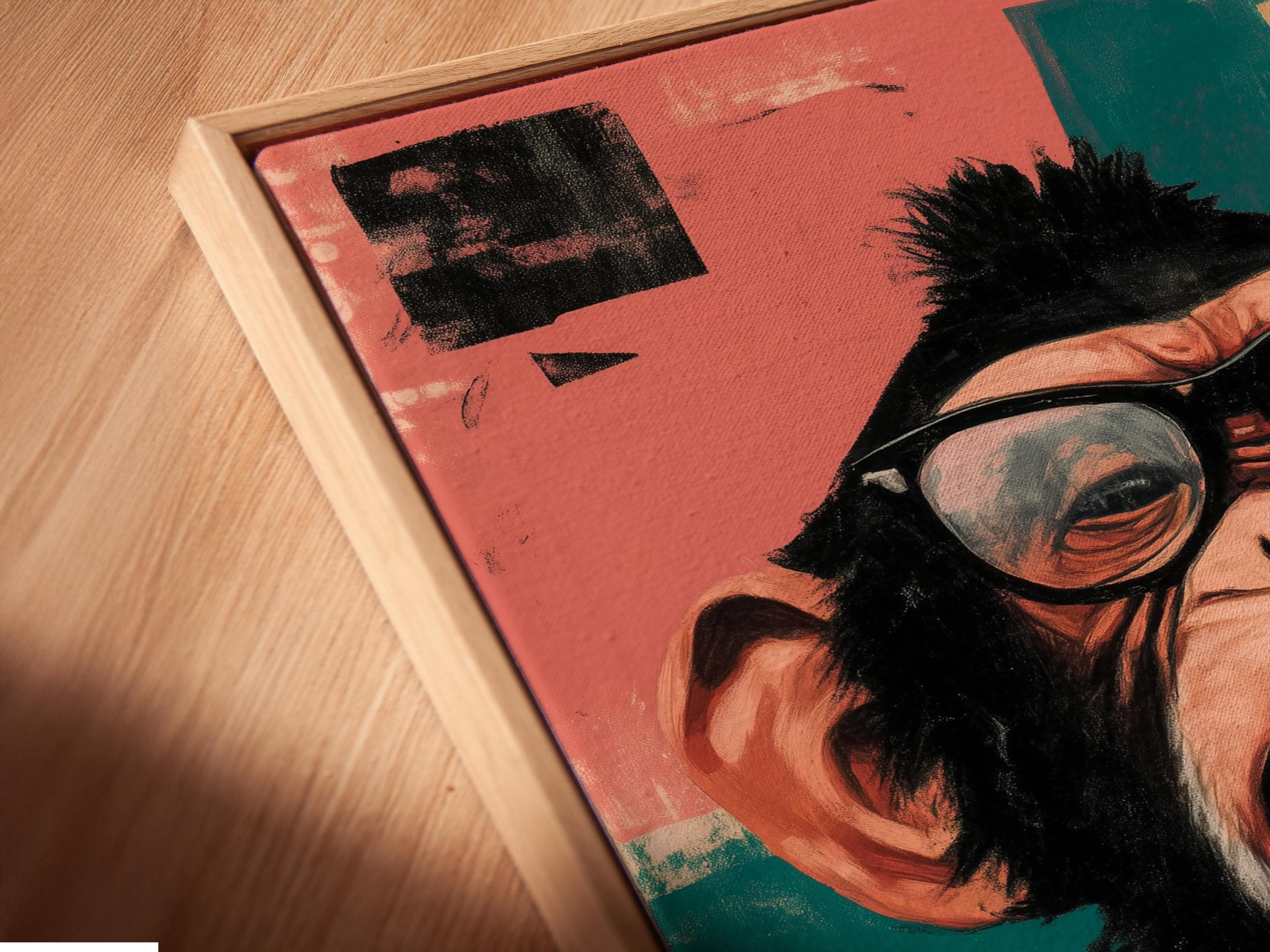 Retro chimp portrait with round glasses, shouting, set against teal and pink colour blocks detail view
